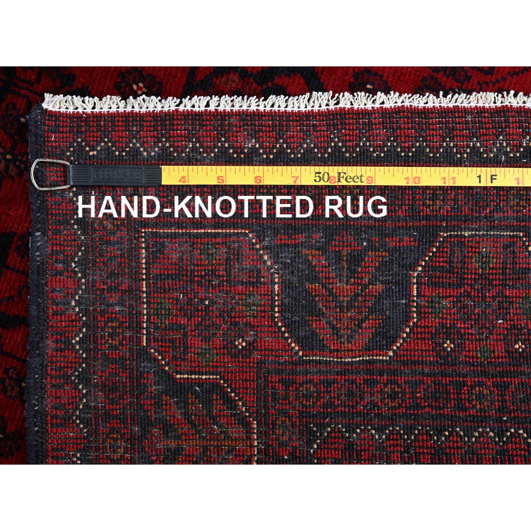 3'4"x5' Scarlet Red, Afghan Khamyab with Geometric Design, Soft and Velvety Wool, Hand Knotted, Vegetable Dyes, Oriental Rug Sh727