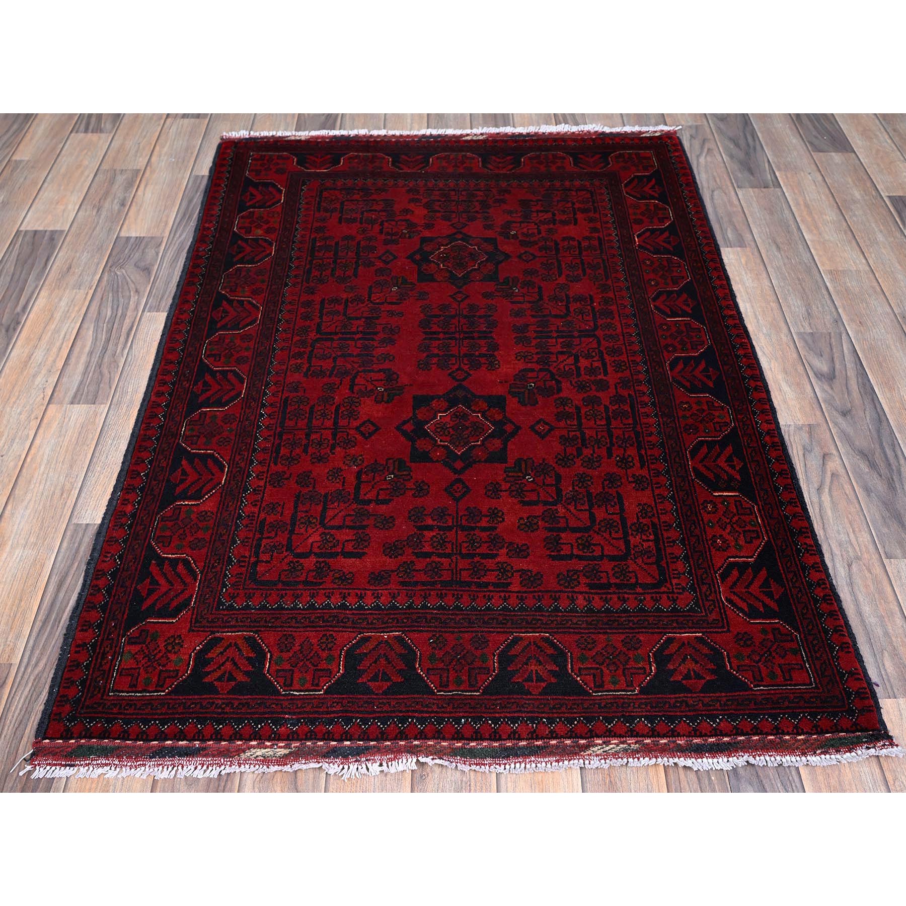 3'3"x4'10" Crimson Red, Afghan Khamyab with Tribal Motifs Pattern, Hand Knotted, Soft 100% Wool, Natural Dyes, Oriental Rug Sh728