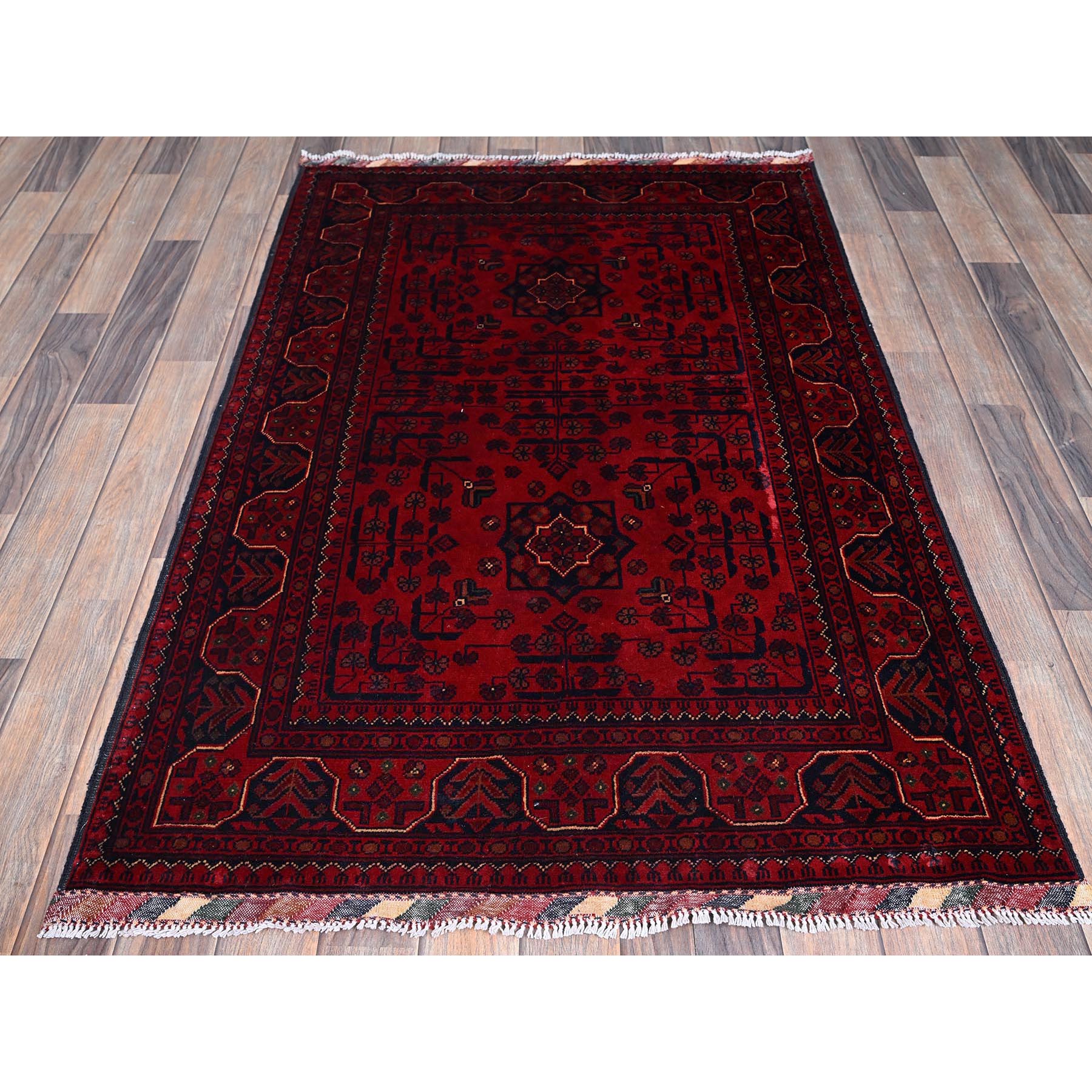 3'3"x5'1" Angels Red, Afghan Khamyab with Geometric Pattern, Soft and Shiny Wool, Hand Knotted, Vegetable Dyes, Oriental Rug Sh729