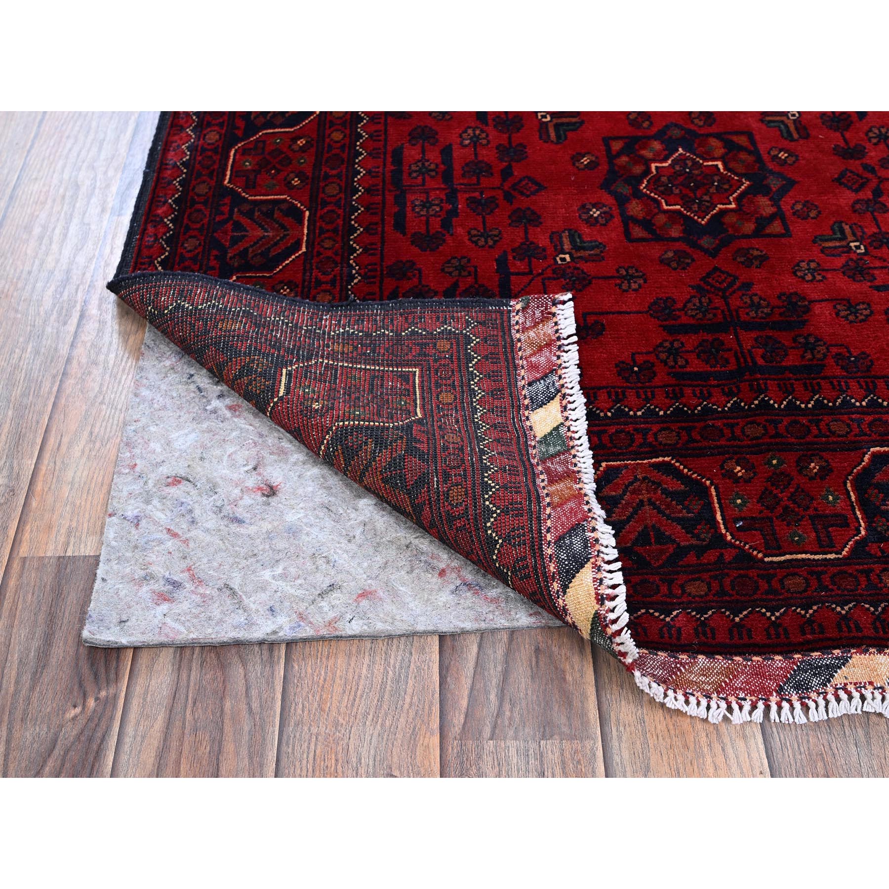 3'3"x5'1" Angels Red, Afghan Khamyab with Geometric Pattern, Soft and Shiny Wool, Hand Knotted, Vegetable Dyes, Oriental Rug Sh729