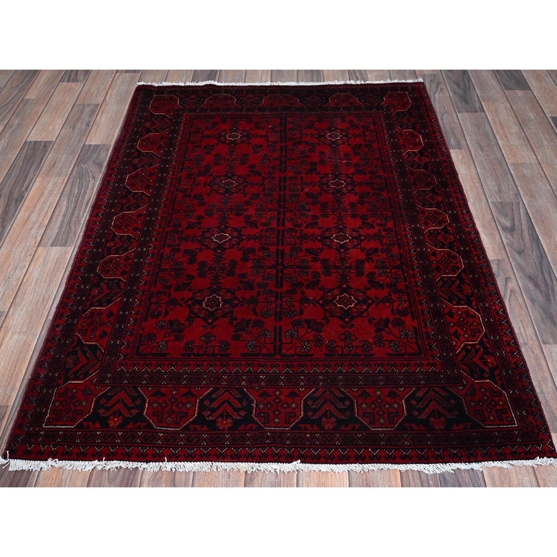 3'5"x4'10" Chili Red, Afghan Khamyab with Tribal Design, Hand Knotted, Soft and Velvety Wool, Vegetable Dyes, Oriental Rug Sh730
