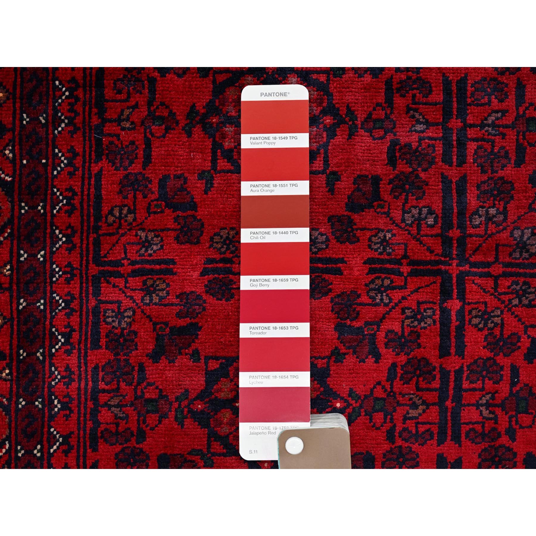 3'5"x4'10" Chili Red, Afghan Khamyab with Tribal Design, Hand Knotted, Soft and Velvety Wool, Vegetable Dyes, Oriental Rug Sh730