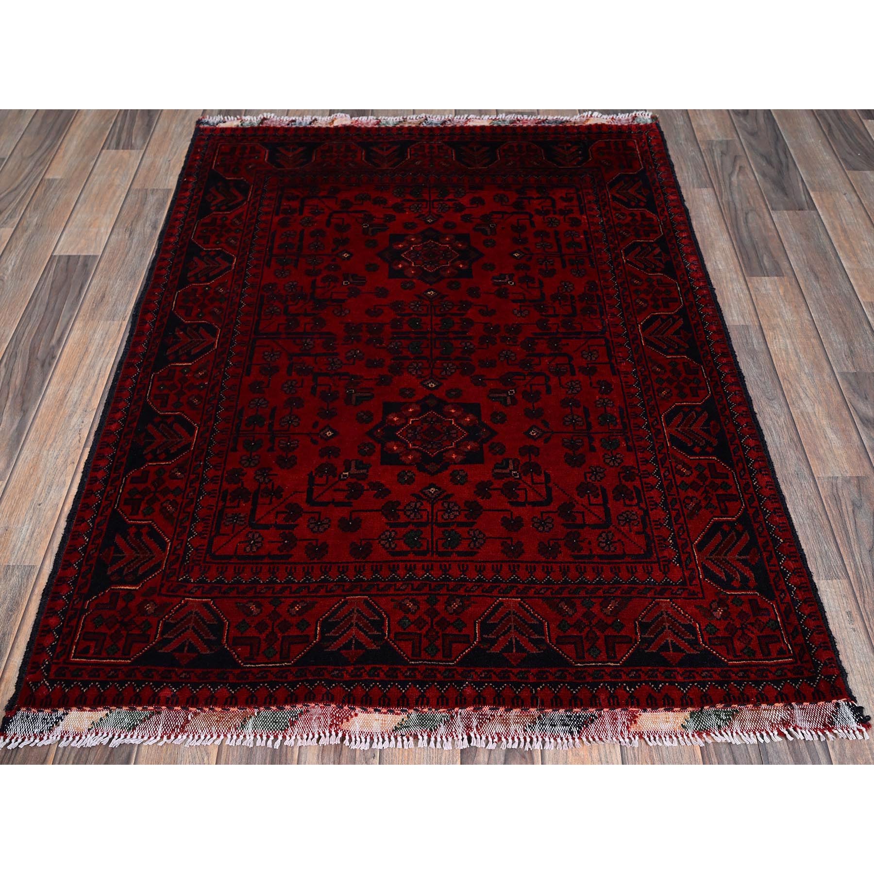 3'5"x4'9" Berry Red, Afghan Khamyab with Geometric Pattern, Soft and Velvety Wool, Hand Knotted, Vegetable Dyes, Oriental Rug Sh731