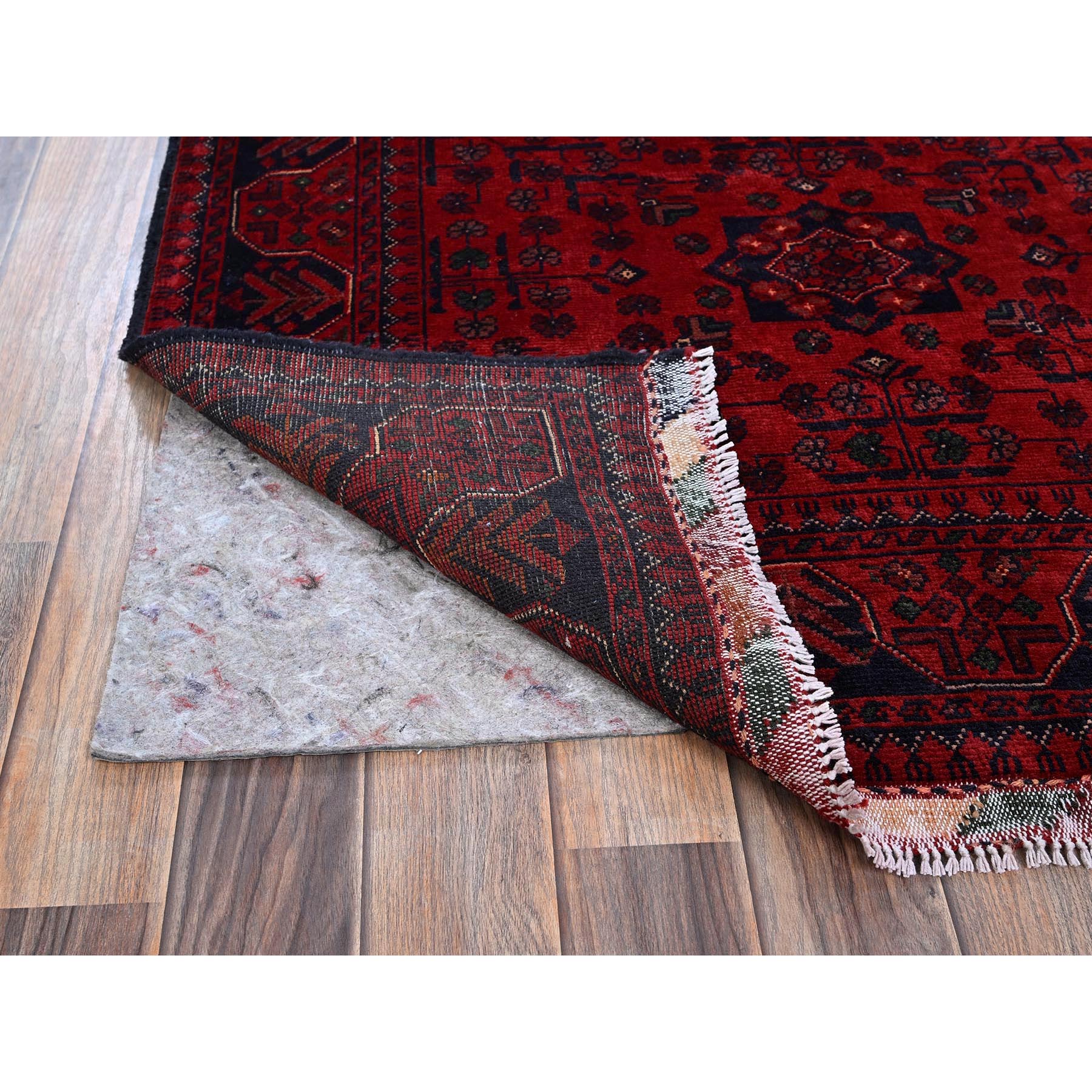 3'5"x4'9" Berry Red, Afghan Khamyab with Geometric Pattern, Soft and Velvety Wool, Hand Knotted, Vegetable Dyes, Oriental Rug Sh731