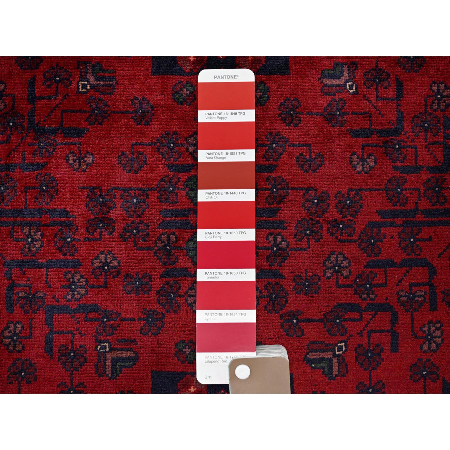 3'5"x4'9" Berry Red, Afghan Khamyab with Geometric Pattern, Soft and Velvety Wool, Hand Knotted, Vegetable Dyes, Oriental Rug Sh731