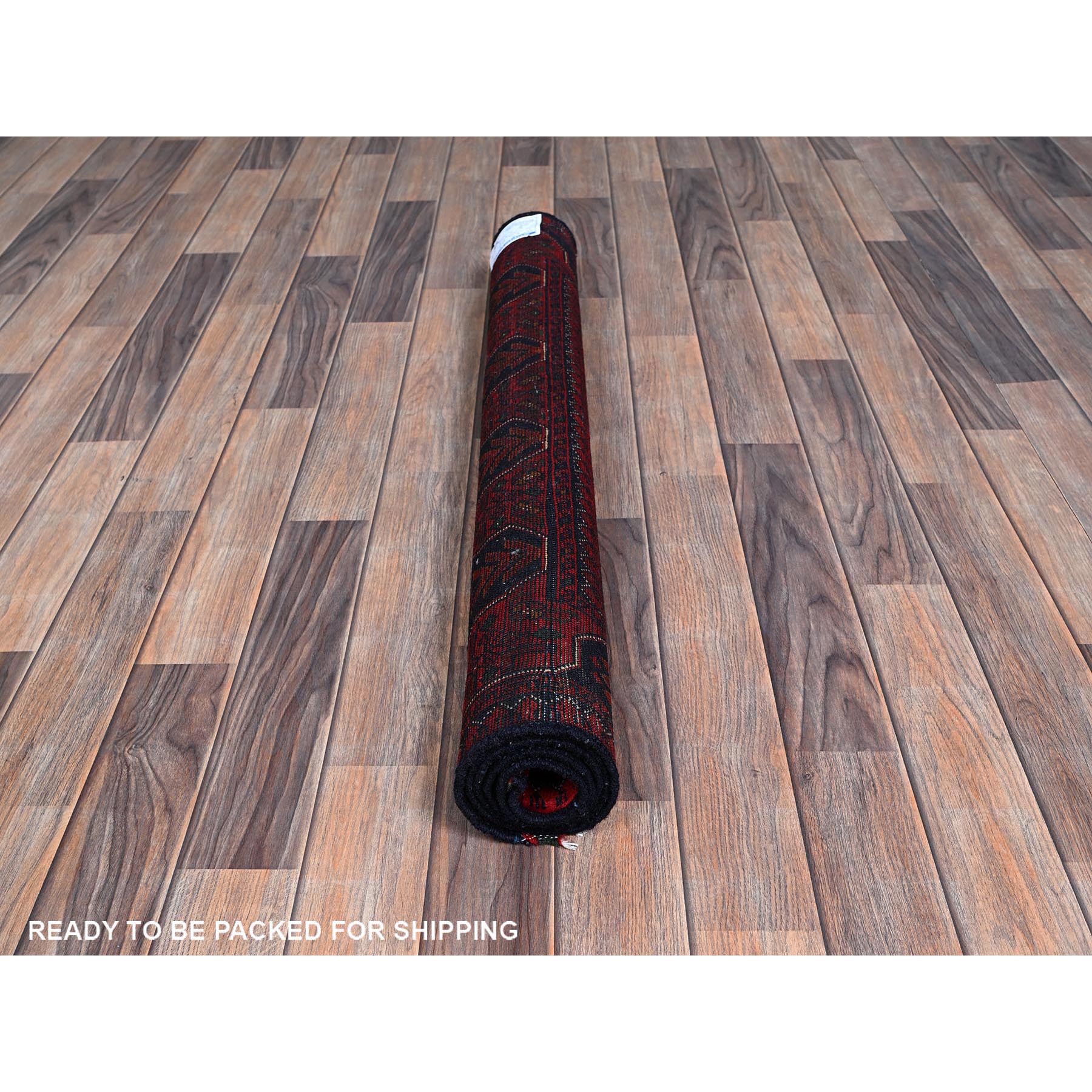 3'5"x4'9" Berry Red, Afghan Khamyab with Geometric Pattern, Soft and Velvety Wool, Hand Knotted, Vegetable Dyes, Oriental Rug Sh731
