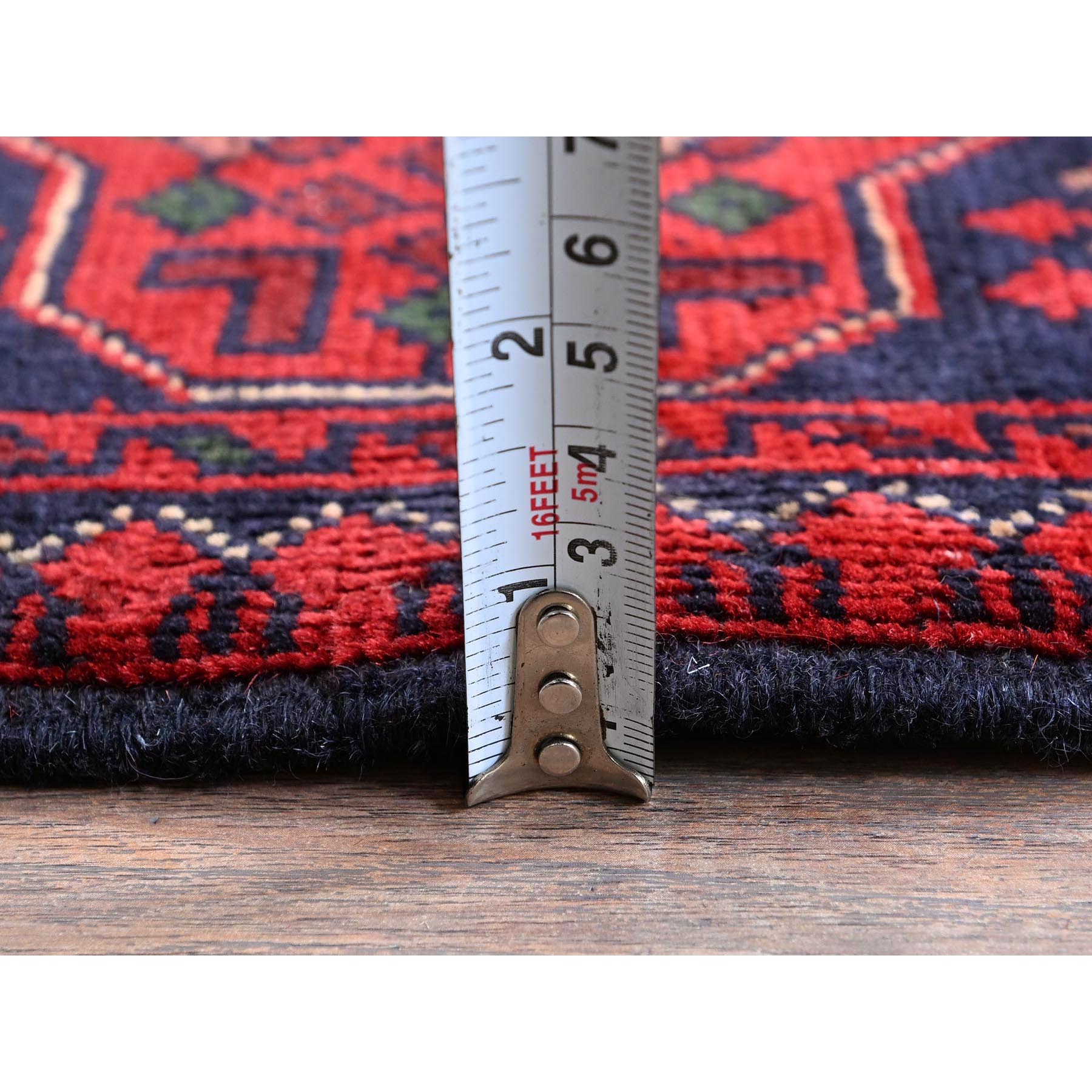3'5"x4'9" Berry Red, Afghan Khamyab with Geometric Pattern, Soft and Velvety Wool, Hand Knotted, Vegetable Dyes, Oriental Rug Sh731