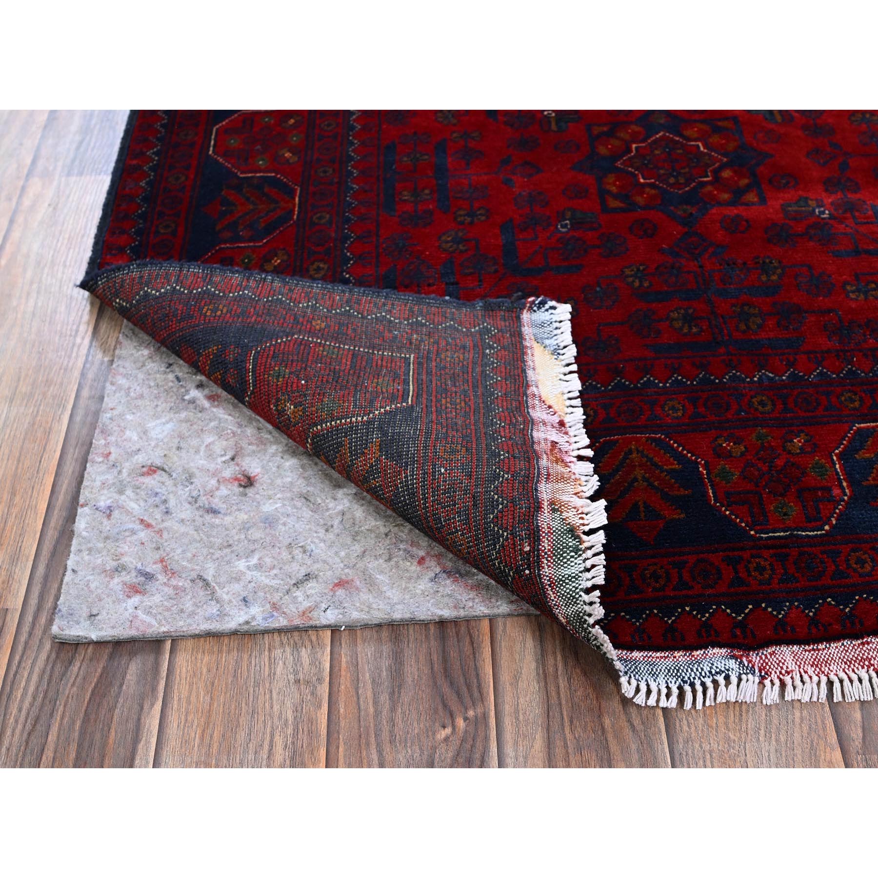 3'3"x4'10" Ruby Red, Afghan Khamyab with Geometric Pattern, Hand Knotted, Soft and Velvety Wool, Vegetable Dyes, Oriental Rug Sh732