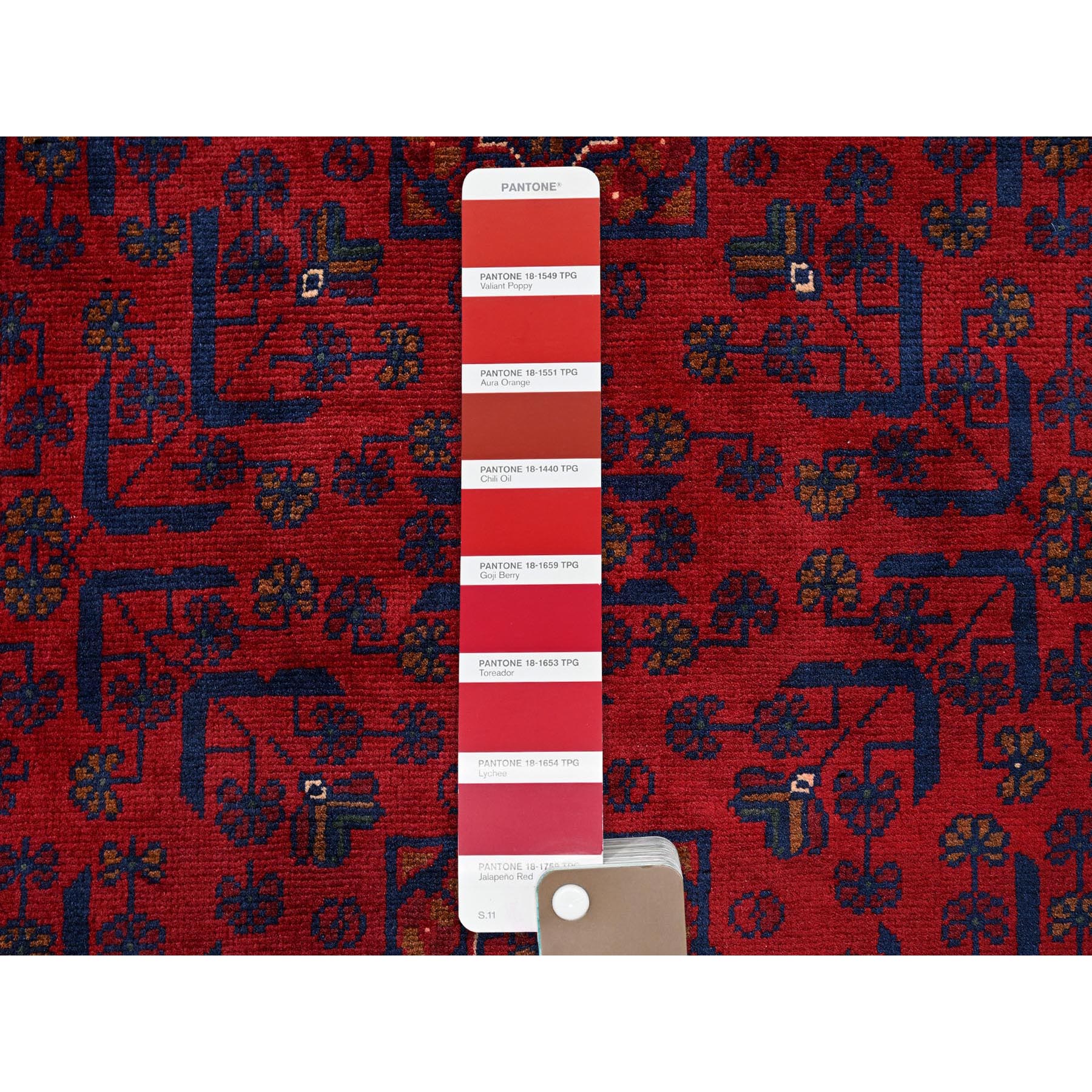 3'3"x4'10" Ruby Red, Afghan Khamyab with Geometric Pattern, Hand Knotted, Soft and Velvety Wool, Vegetable Dyes, Oriental Rug Sh732