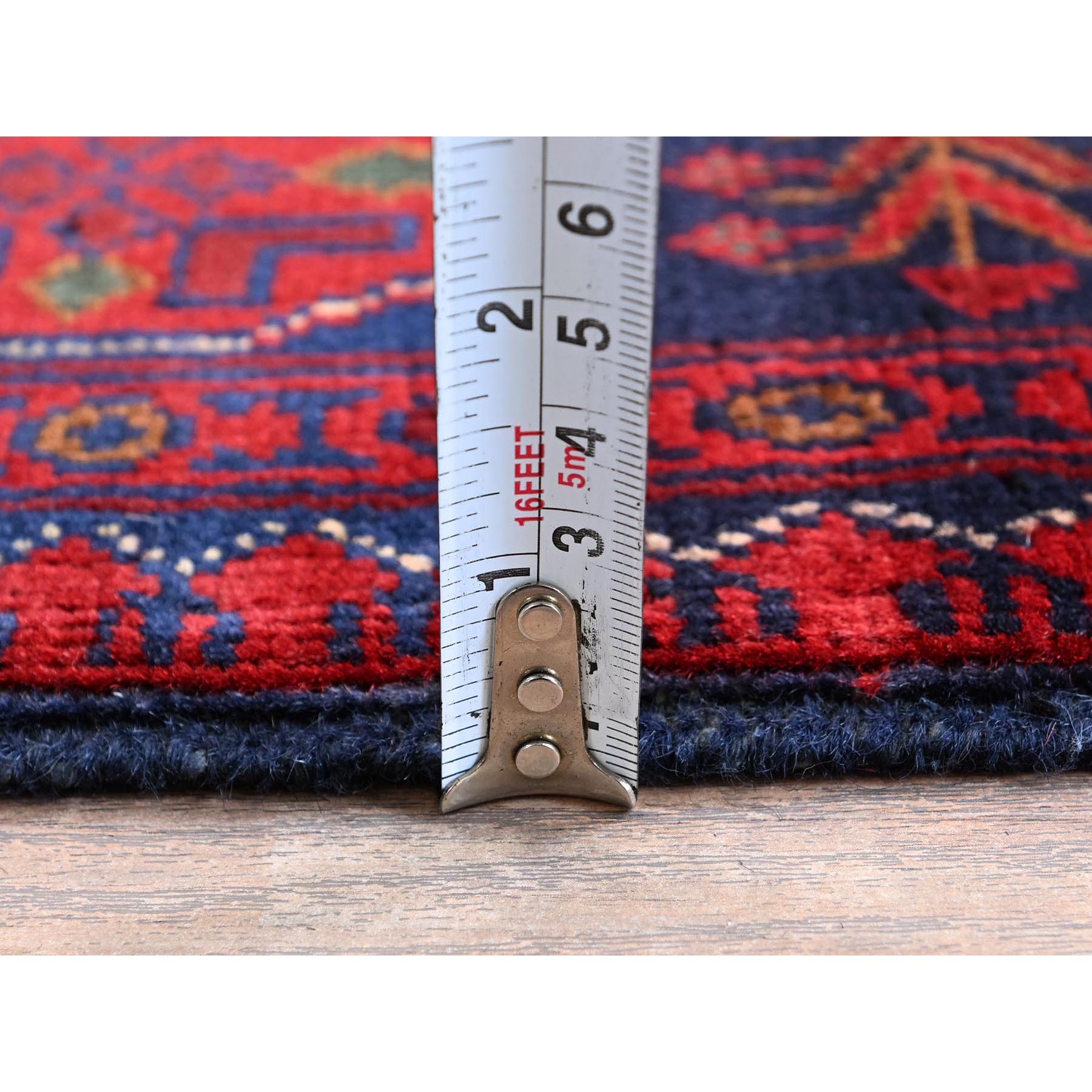 3'3"x4'10" Ruby Red, Afghan Khamyab with Geometric Pattern, Hand Knotted, Soft and Velvety Wool, Vegetable Dyes, Oriental Rug Sh732