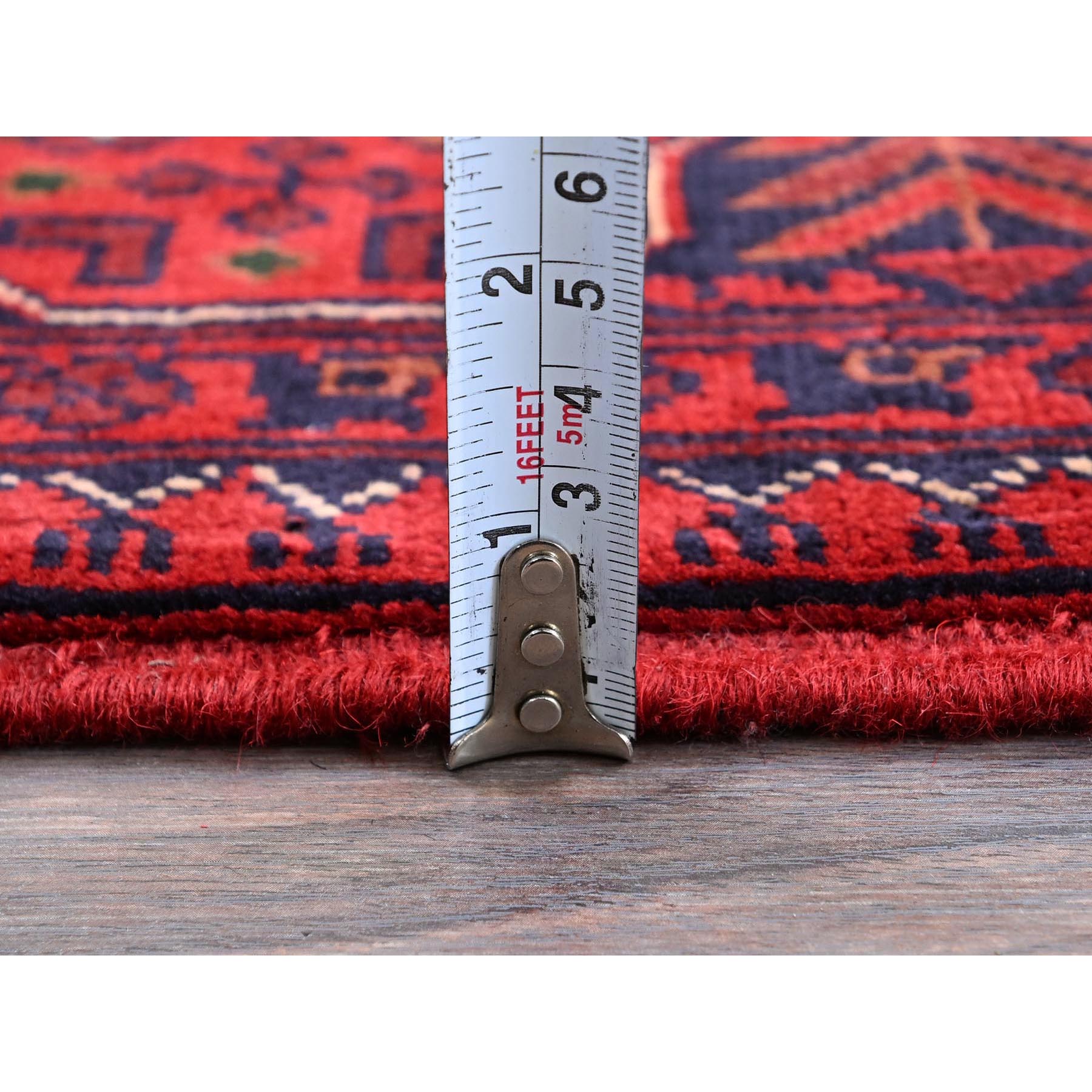 2'9"x5' Scarlet Red, Afghan Khamyab with Geometric Pattern, Hand Knotted, Soft and Velvety Wool, Oriental Rug Sh734