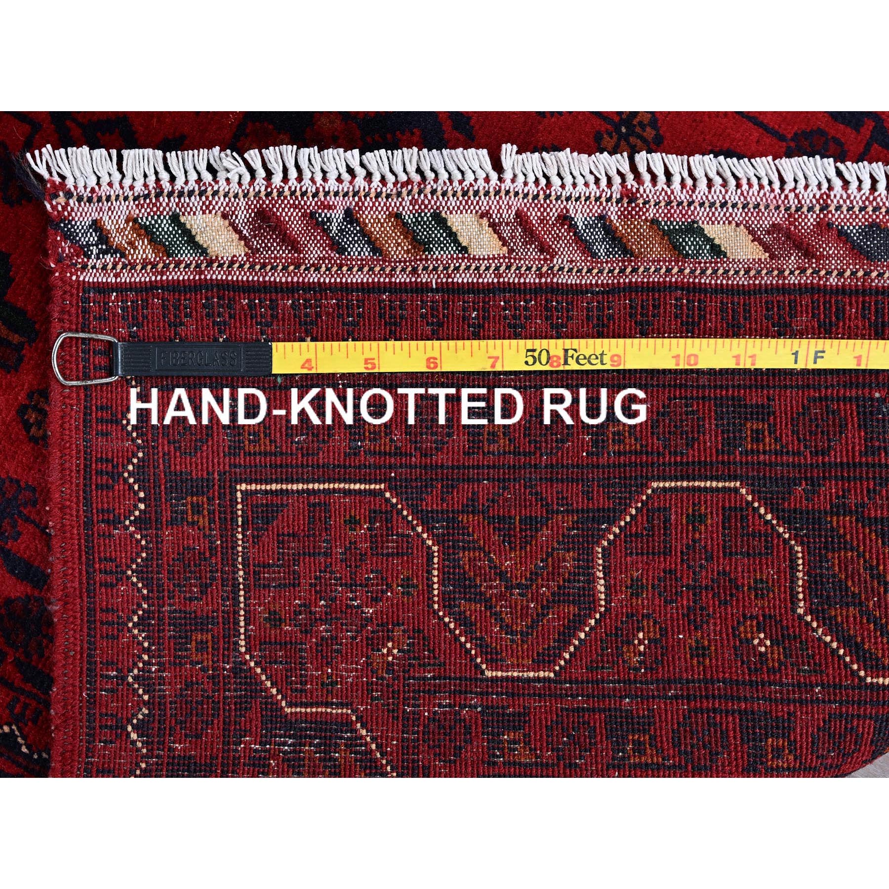 2'9"x5' Scarlet Red, Afghan Khamyab with Geometric Pattern, Hand Knotted, Soft and Velvety Wool, Oriental Rug Sh734