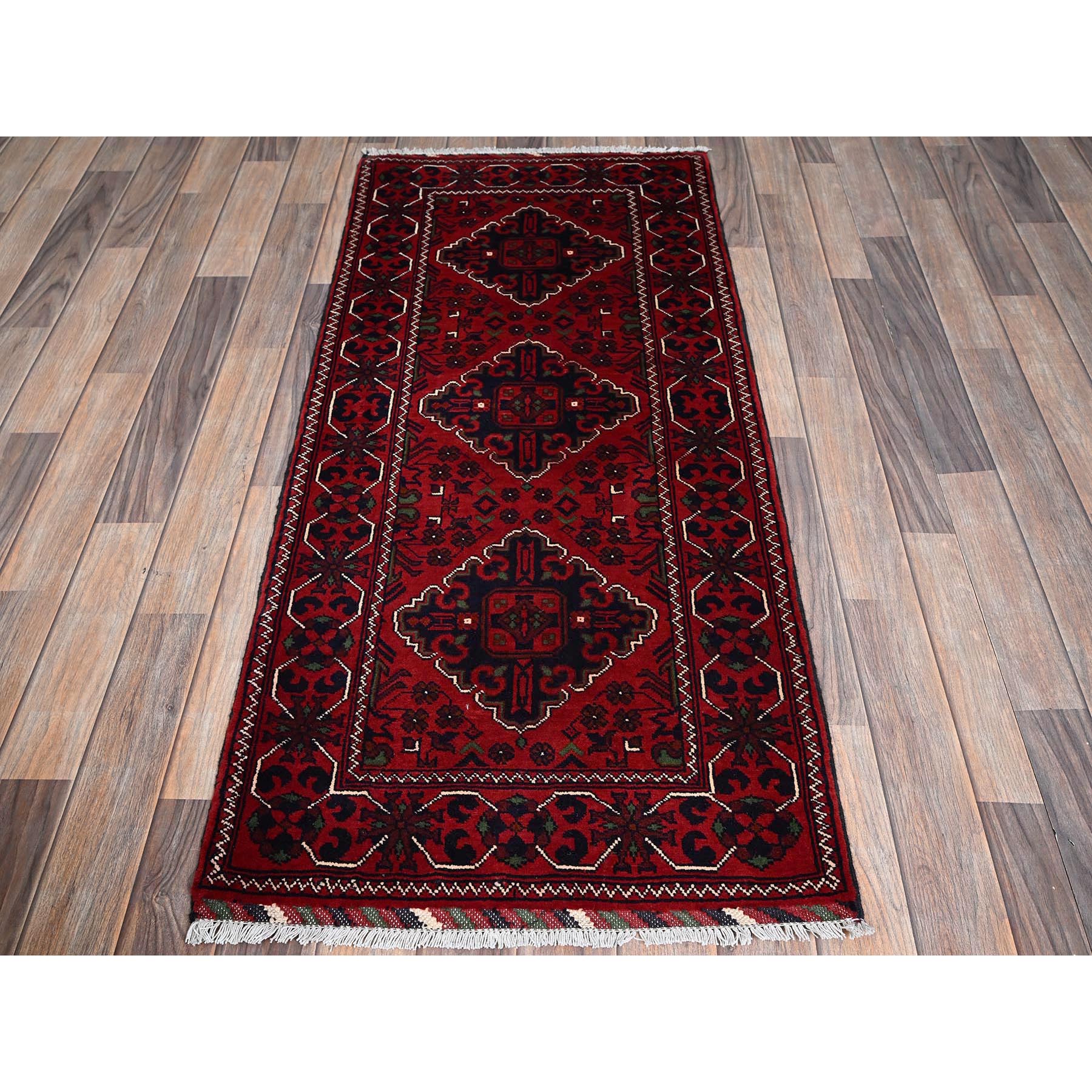 2'3"x5' Crimson Red, Afghan Khamyab with Geometric Medallions Design, Hand Knotted, Soft Wool, Vegetable Dyes, Short & Narrow Runner, Oriental Rug Sh736