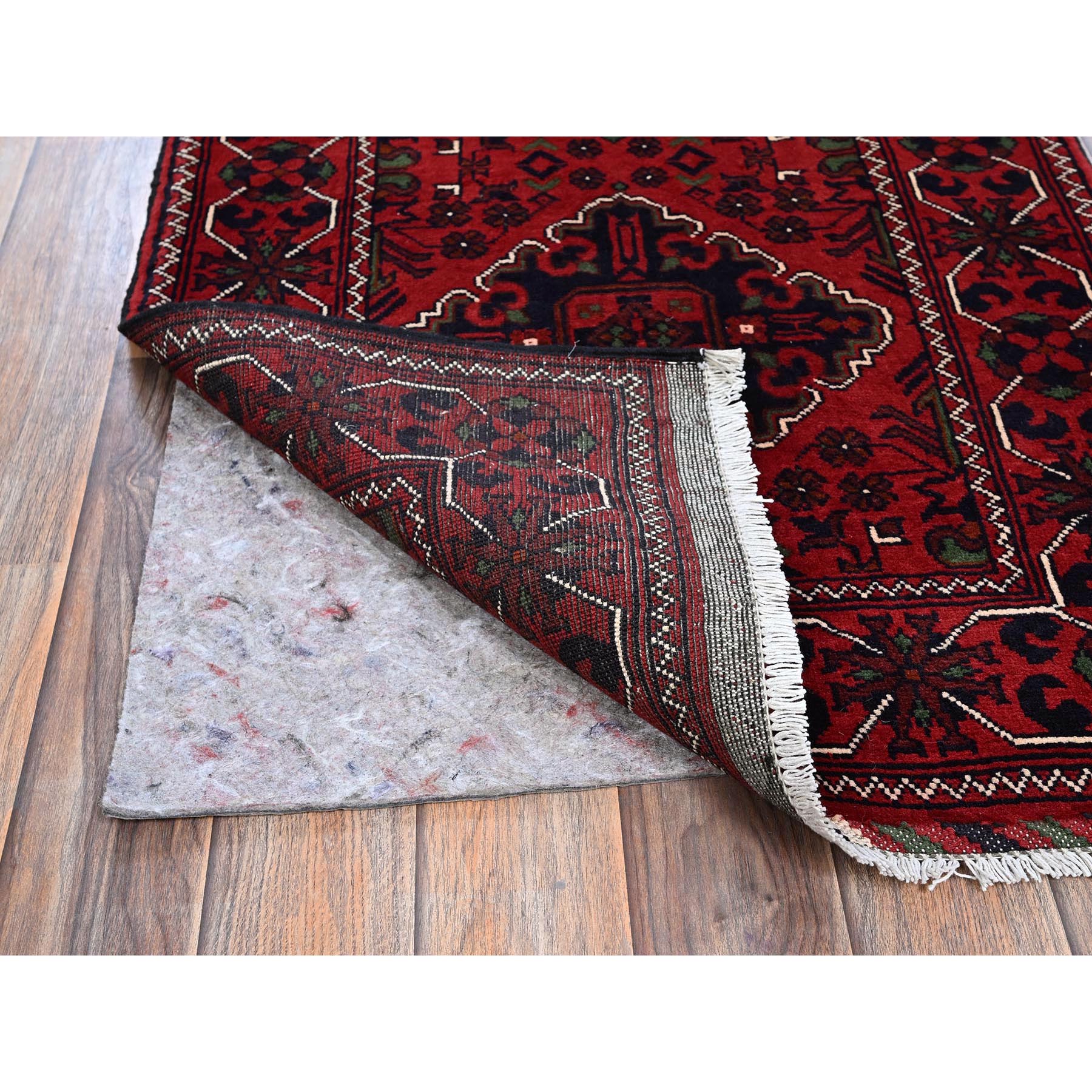 2'3"x5' Crimson Red, Afghan Khamyab with Geometric Medallions Design, Hand Knotted, Soft Wool, Vegetable Dyes, Short & Narrow Runner, Oriental Rug Sh736