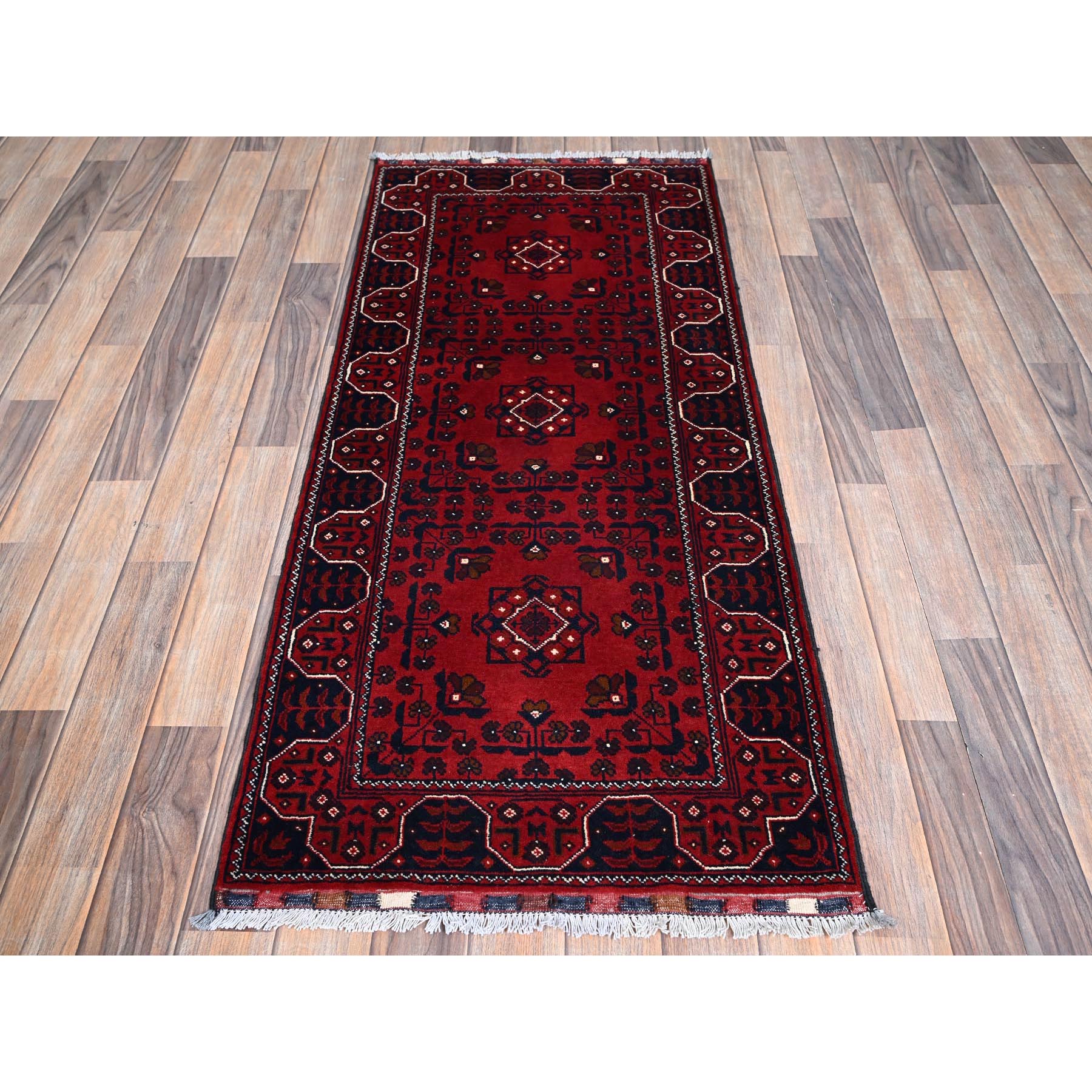 2'3"x5' Angels Red, Afghan Khamyab with Geometric Pattern, Hand Knotted, Soft and Velvety Wool, Vegetable Dyes, Short & Narrow Runner, Oriental Rug Sh737