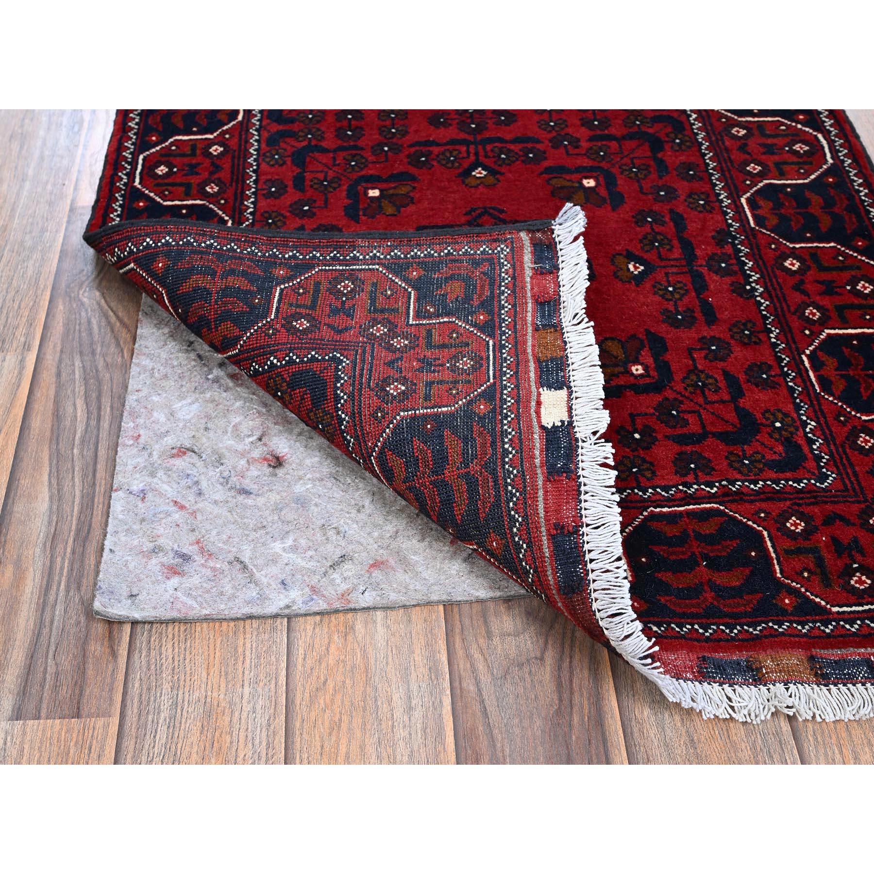 2'3"x5' Angels Red, Afghan Khamyab with Geometric Pattern, Hand Knotted, Soft and Velvety Wool, Vegetable Dyes, Short & Narrow Runner, Oriental Rug Sh737