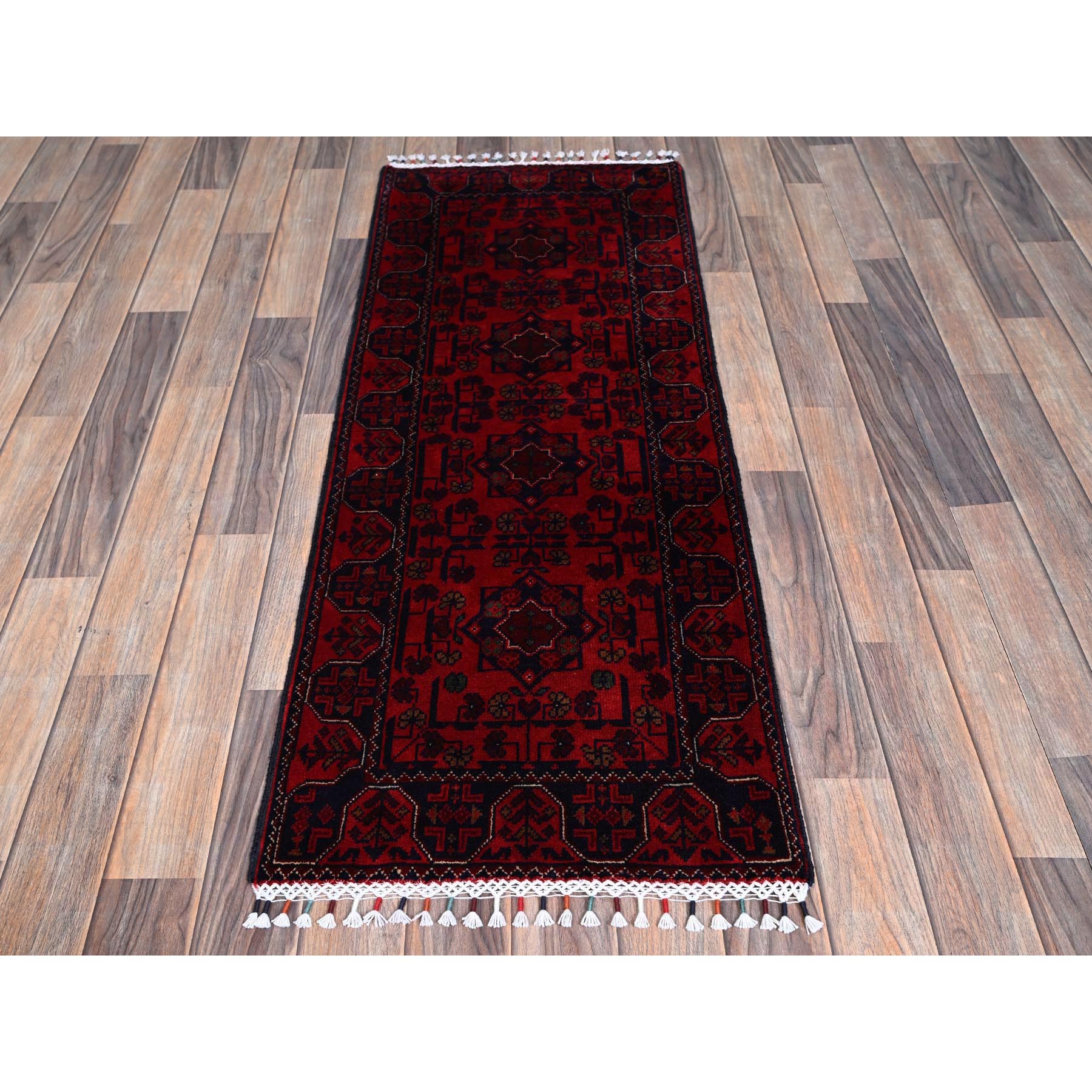 1'9"x4'10" Crimson Red, Afghan Khamyab with Tribal Medallions Design, Soft Wool, Natural Dyes, Hand Knotted, Short & Narrow Runner, Oriental Rug Sh738