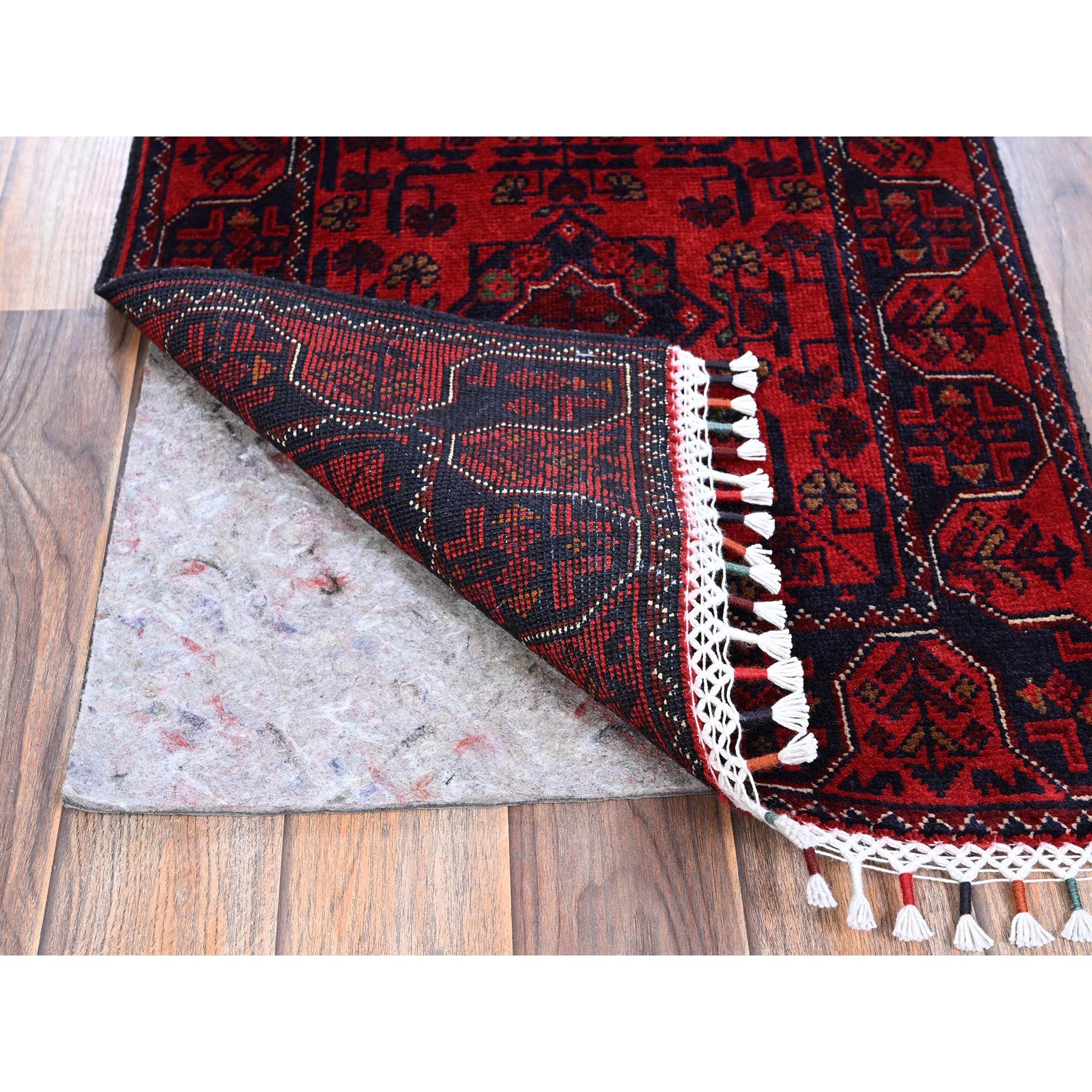 1'9"x4'10" Crimson Red, Afghan Khamyab with Tribal Medallions Design, Soft Wool, Natural Dyes, Hand Knotted, Short & Narrow Runner, Oriental Rug Sh738