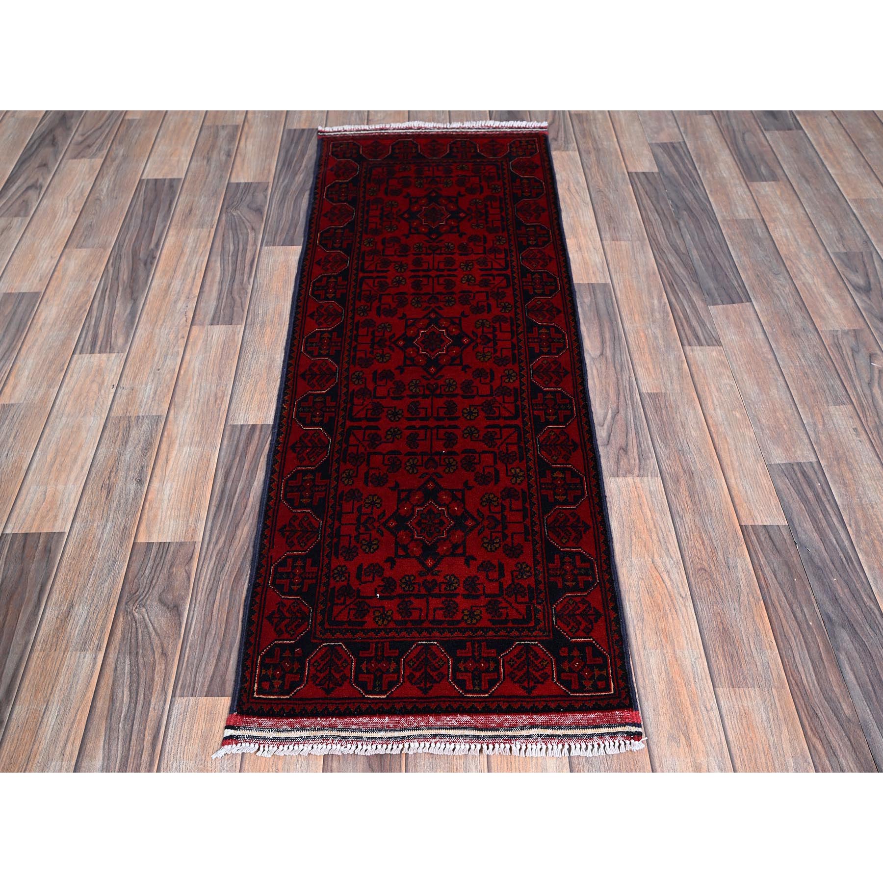 1'8"x4'9" Scarlet Red, Hand Knotted, Afghan Khamyab with Geometric Pattern, Soft and Shiny Wool, Vegetable Dyes, Short & Narrow Runner, Oriental Rug Sh739
