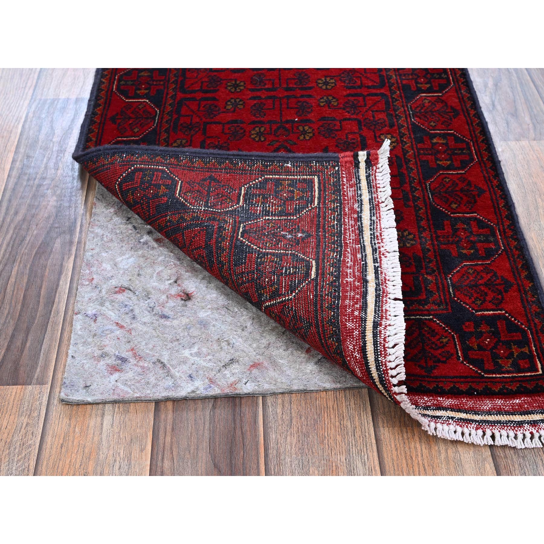 1'8"x4'9" Scarlet Red, Hand Knotted, Afghan Khamyab with Geometric Pattern, Soft and Shiny Wool, Vegetable Dyes, Short & Narrow Runner, Oriental Rug Sh739