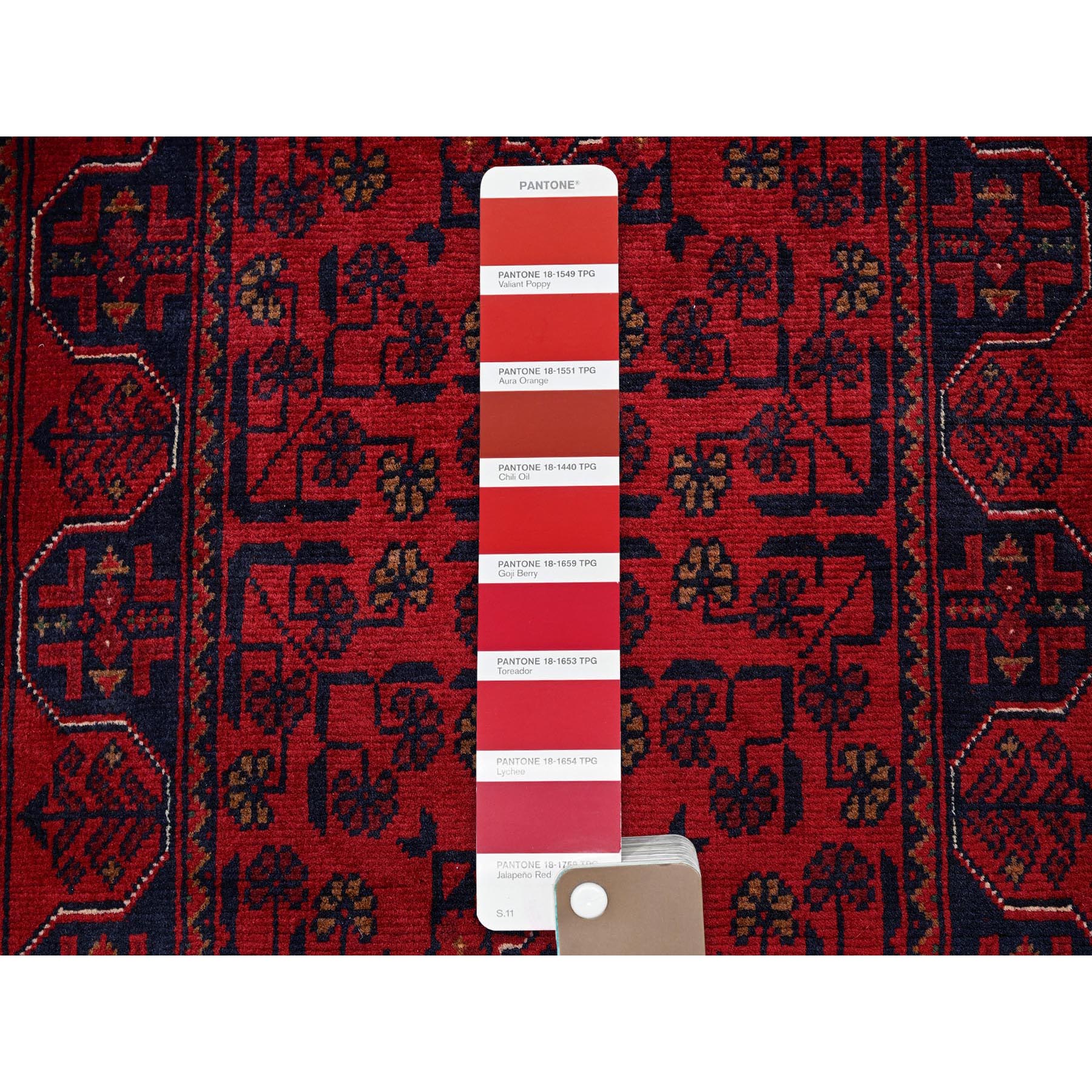 1'8"x4'9" Scarlet Red, Hand Knotted, Afghan Khamyab with Geometric Pattern, Soft and Shiny Wool, Vegetable Dyes, Short & Narrow Runner, Oriental Rug Sh739