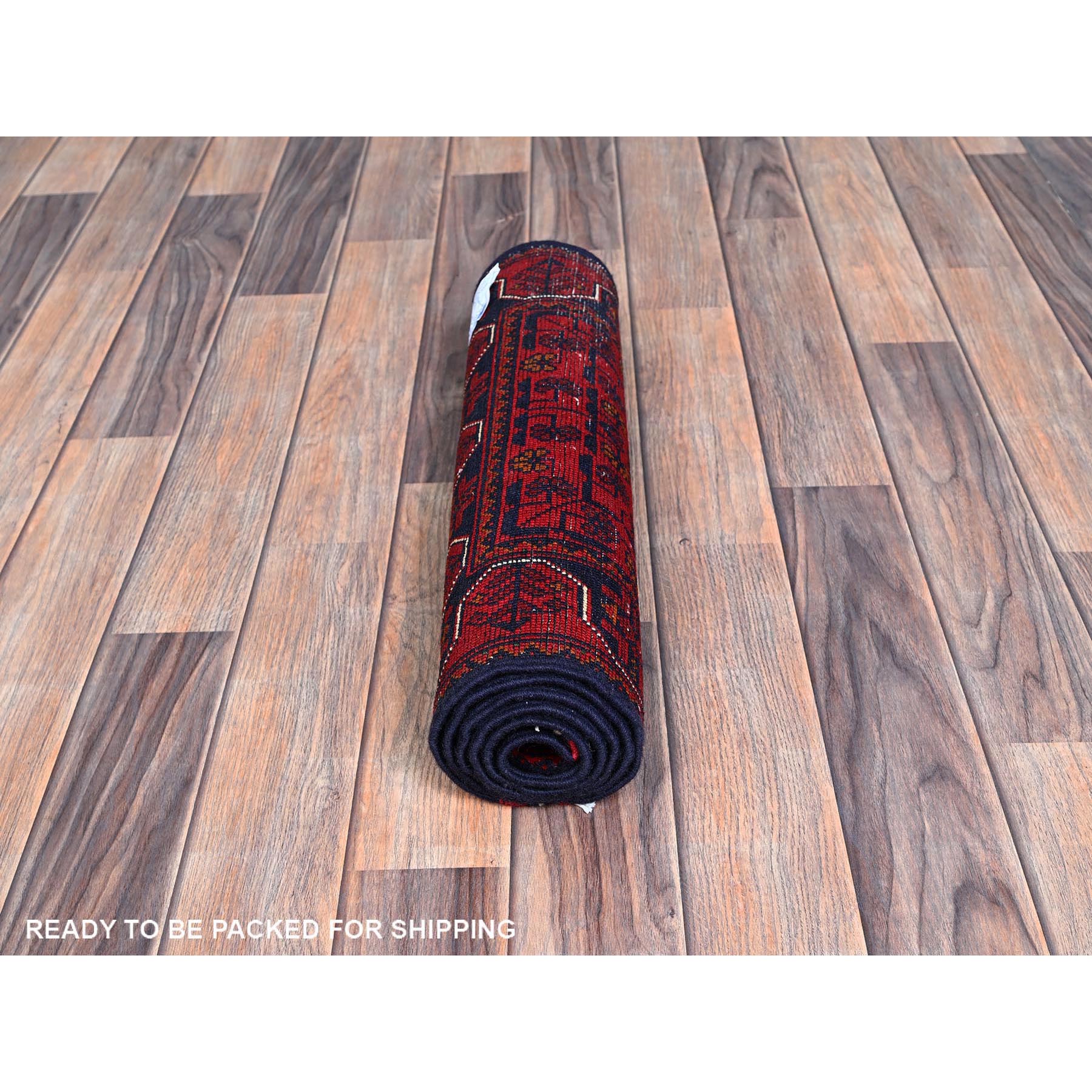 1'8"x4'9" Scarlet Red, Hand Knotted, Afghan Khamyab with Geometric Pattern, Soft and Shiny Wool, Vegetable Dyes, Short & Narrow Runner, Oriental Rug Sh739