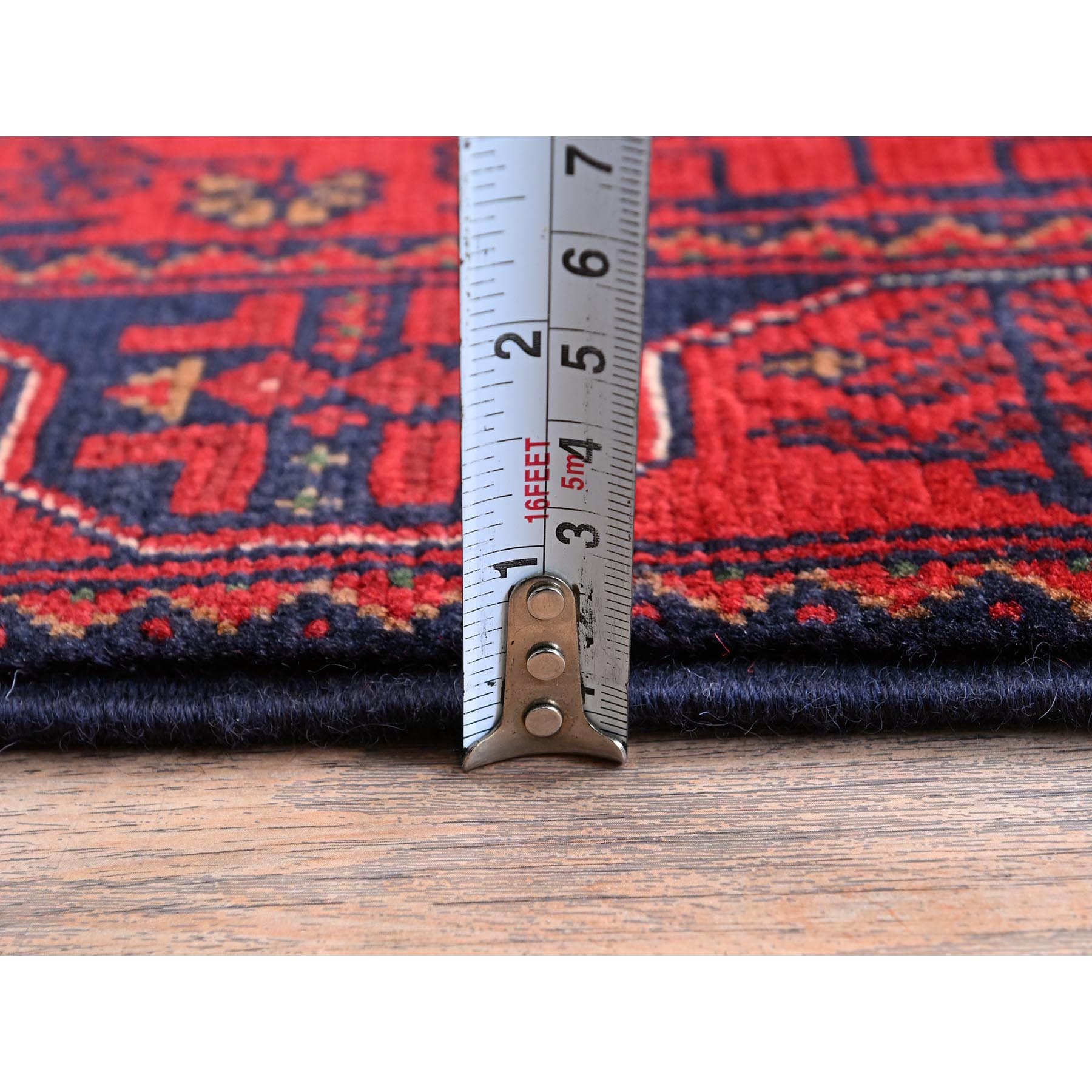 1'8"x4'9" Scarlet Red, Hand Knotted, Afghan Khamyab with Geometric Pattern, Soft and Shiny Wool, Vegetable Dyes, Short & Narrow Runner, Oriental Rug Sh739