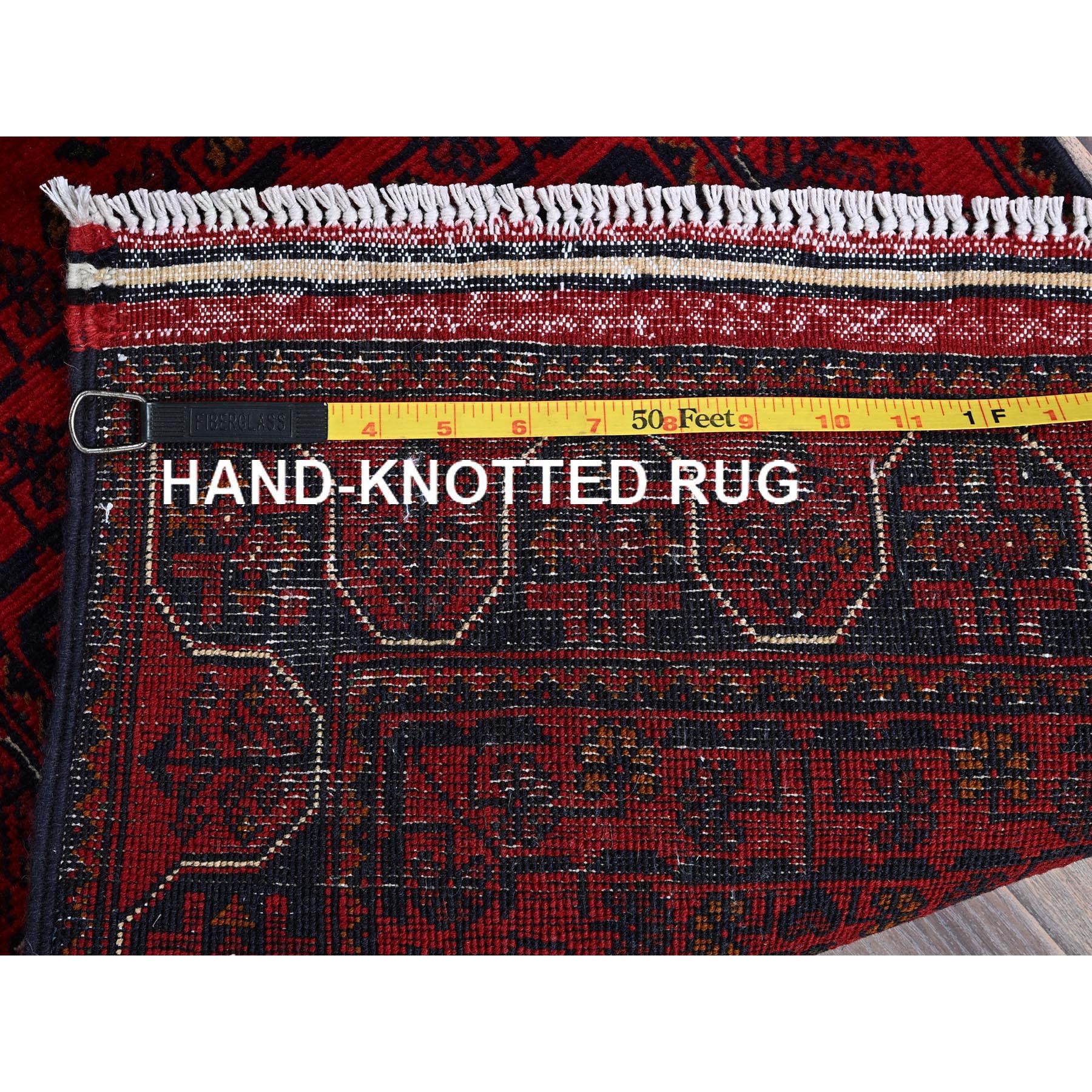 1'8"x4'9" Scarlet Red, Hand Knotted, Afghan Khamyab with Geometric Pattern, Soft and Shiny Wool, Vegetable Dyes, Short & Narrow Runner, Oriental Rug Sh739