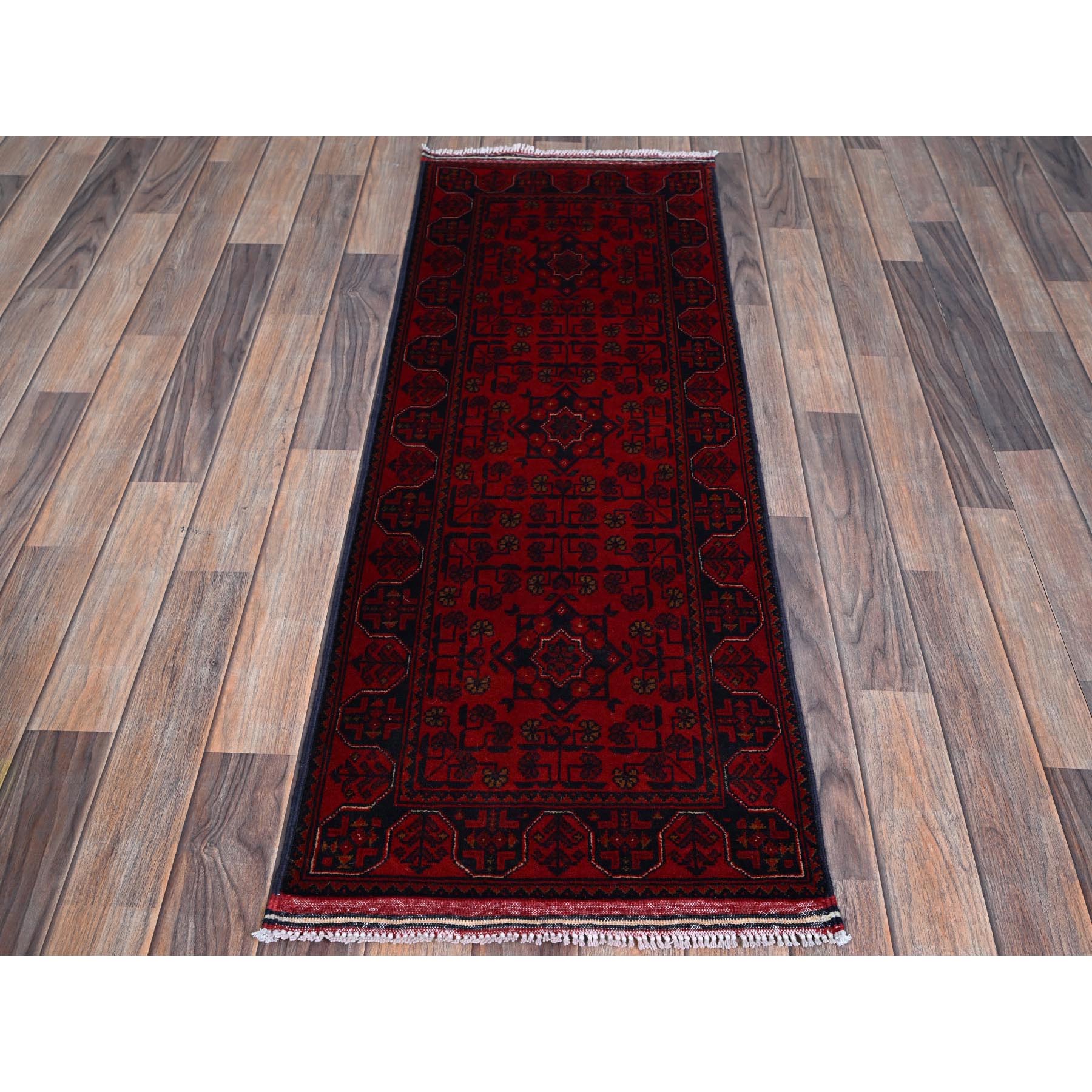 1'9"x4'9" Crimson Red, Soft Wool, Afghan Khamyab with Geometric Pattern, Hand Knotted, Vegetable Dyes, Short & Narrow Runner, Oriental Rug Sh740