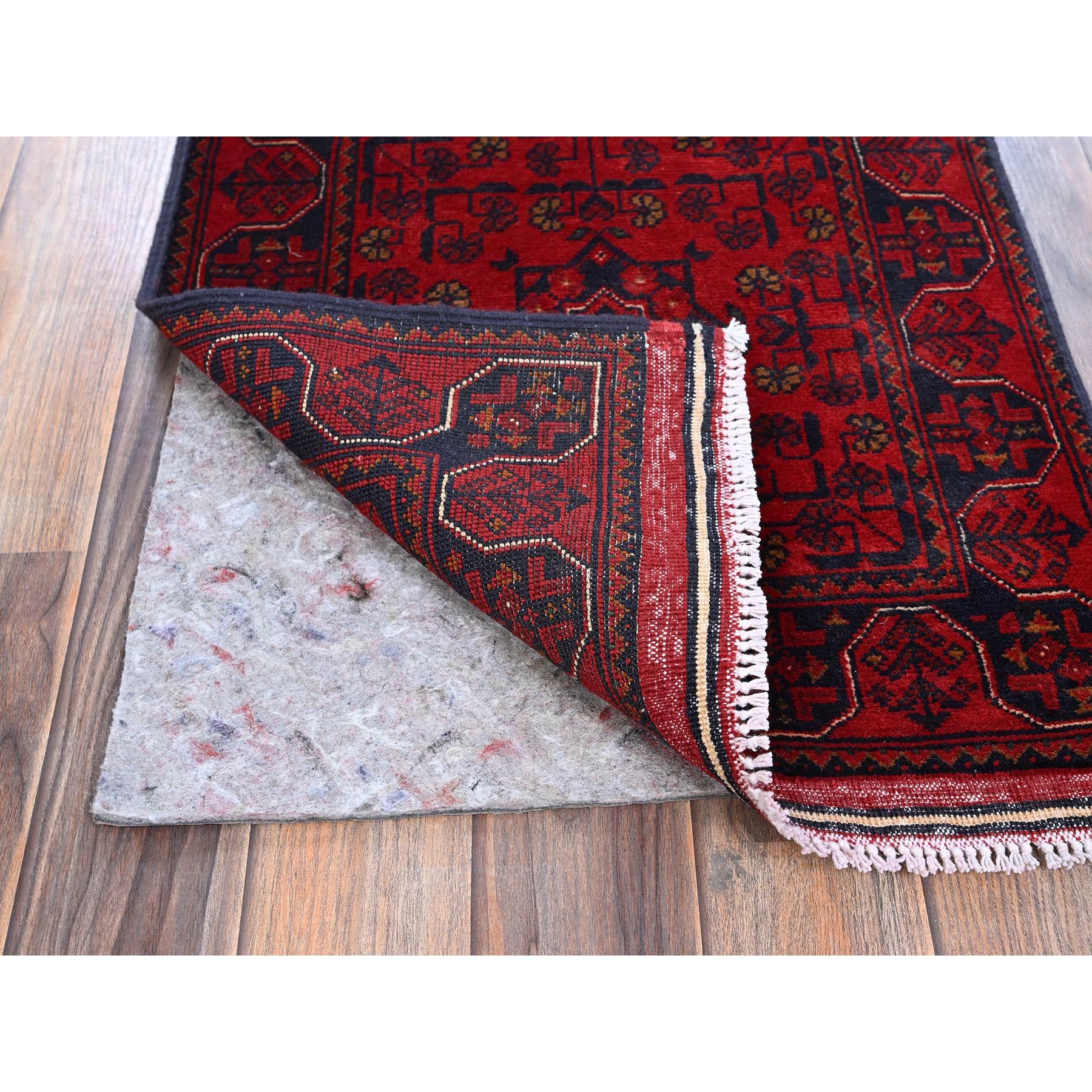 1'9"x4'9" Crimson Red, Soft Wool, Afghan Khamyab with Geometric Pattern, Hand Knotted, Vegetable Dyes, Short & Narrow Runner, Oriental Rug Sh740