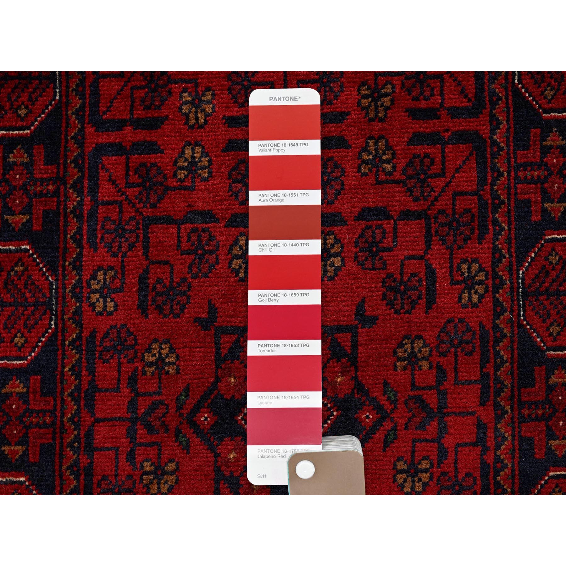 1'9"x4'9" Crimson Red, Soft Wool, Afghan Khamyab with Geometric Pattern, Hand Knotted, Vegetable Dyes, Short & Narrow Runner, Oriental Rug Sh740