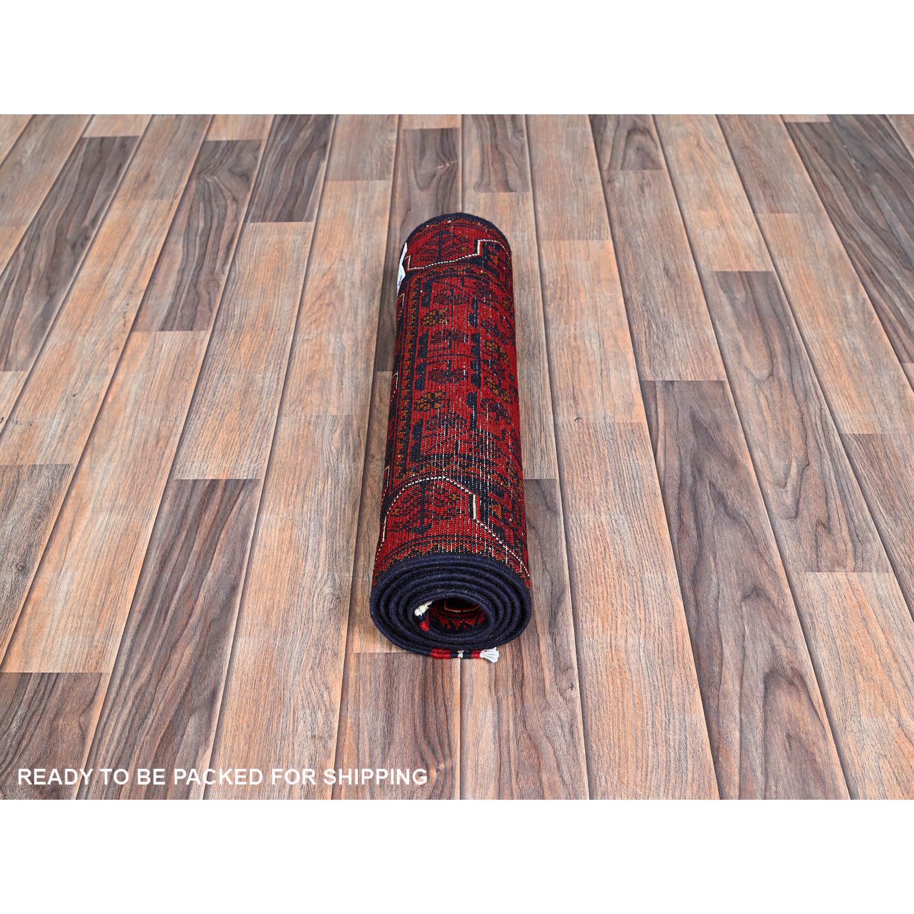 1'9"x4'9" Crimson Red, Soft Wool, Afghan Khamyab with Geometric Pattern, Hand Knotted, Vegetable Dyes, Short & Narrow Runner, Oriental Rug Sh740