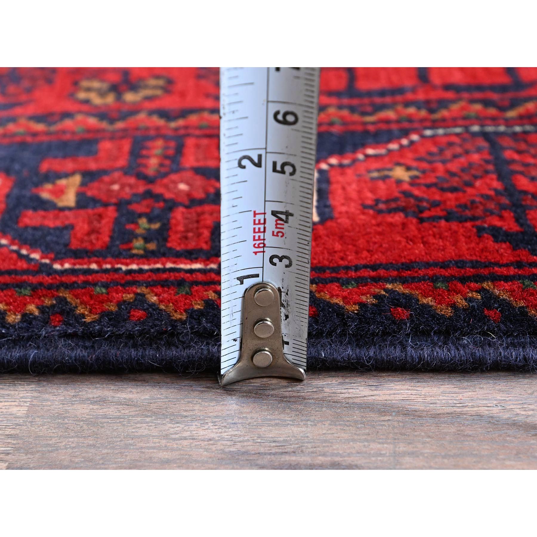 1'9"x4'9" Crimson Red, Soft Wool, Afghan Khamyab with Geometric Pattern, Hand Knotted, Vegetable Dyes, Short & Narrow Runner, Oriental Rug Sh740