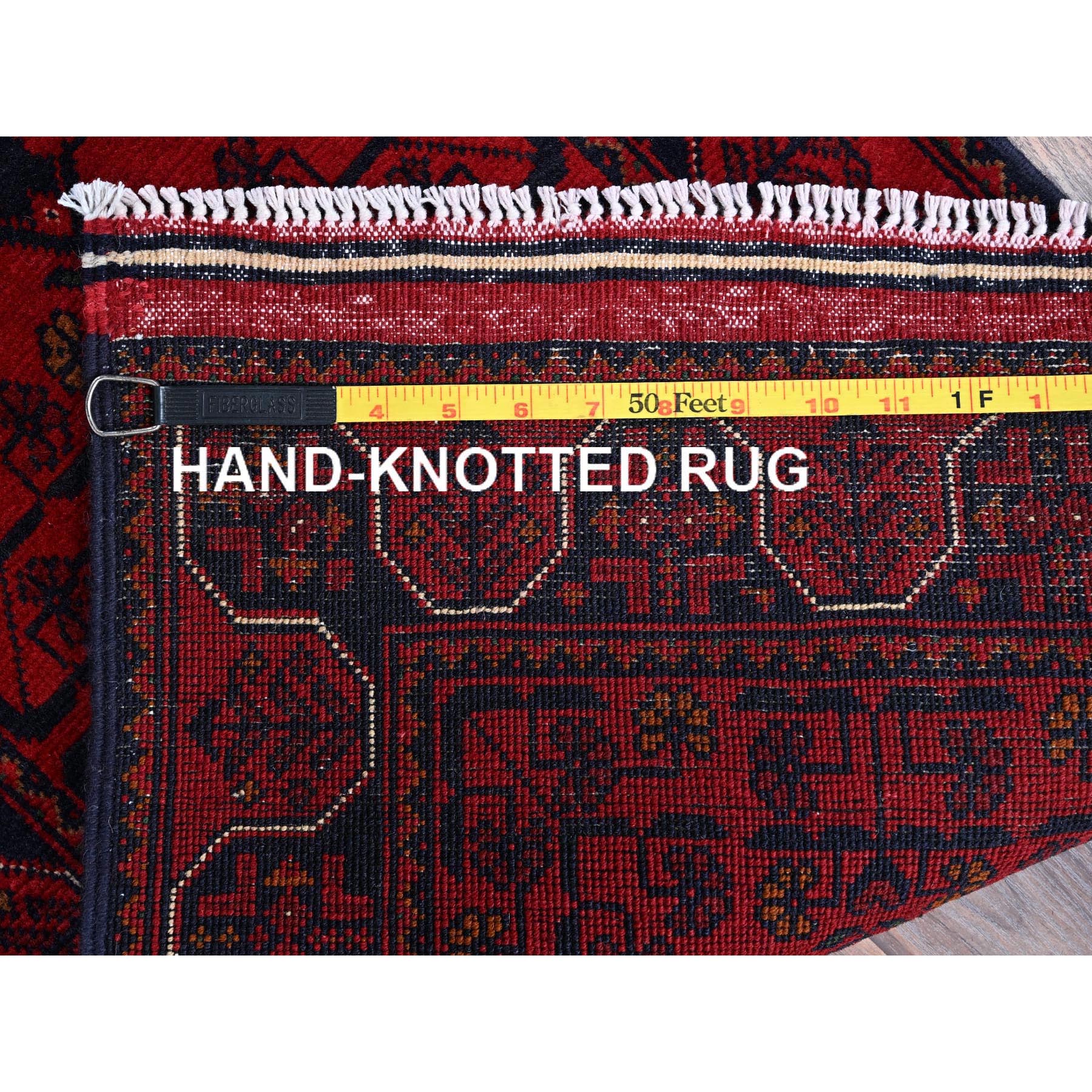 1'9"x4'9" Crimson Red, Soft Wool, Afghan Khamyab with Geometric Pattern, Hand Knotted, Vegetable Dyes, Short & Narrow Runner, Oriental Rug Sh740