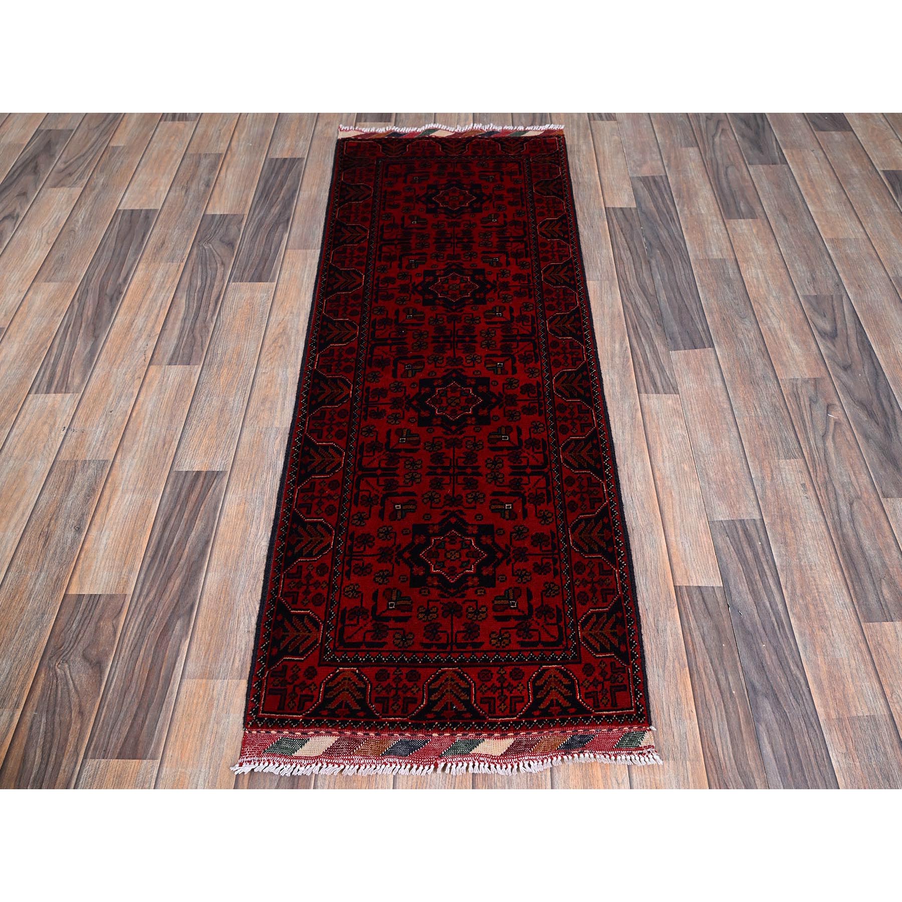1'9"x5' Scarlet Red, Afghan Khamyab with Geometric Medallions Design, Soft and Velvety Wool, Hand Knotted, Natural Dyes, Short and Narrow Runner, Oriental Rug Sh741