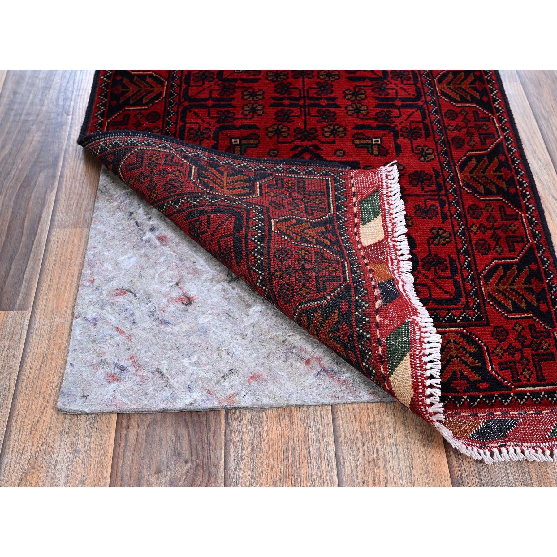 1'9"x5' Scarlet Red, Afghan Khamyab with Geometric Medallions Design, Soft and Velvety Wool, Hand Knotted, Natural Dyes, Short and Narrow Runner, Oriental Rug Sh741
