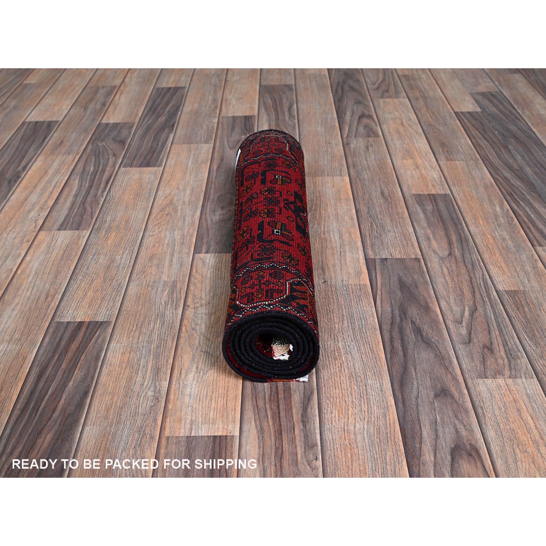 1'9"x5' Scarlet Red, Afghan Khamyab with Geometric Medallions Design, Soft and Velvety Wool, Hand Knotted, Natural Dyes, Short and Narrow Runner, Oriental Rug Sh741