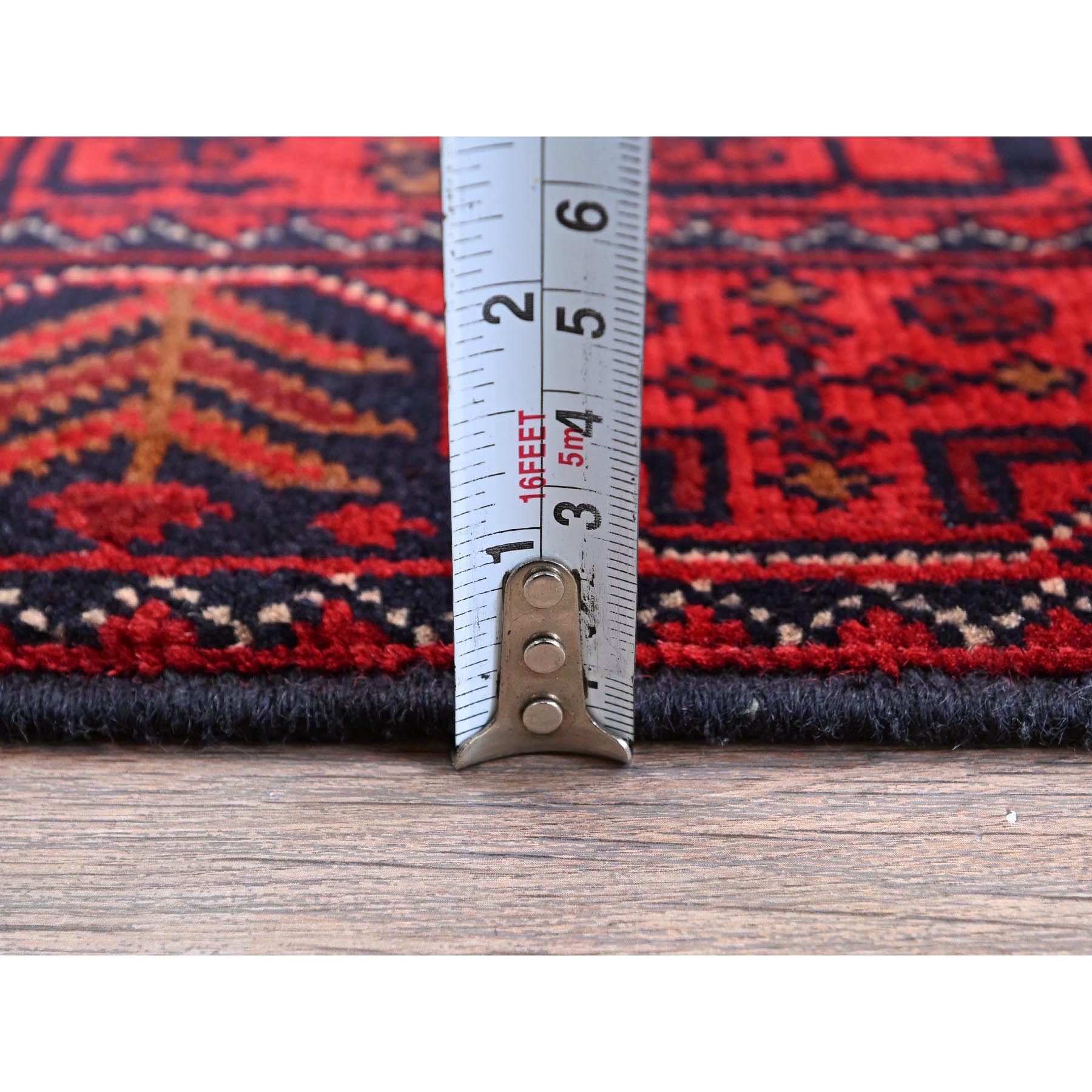 1'9"x5' Scarlet Red, Afghan Khamyab with Geometric Medallions Design, Soft and Velvety Wool, Hand Knotted, Natural Dyes, Short and Narrow Runner, Oriental Rug Sh741