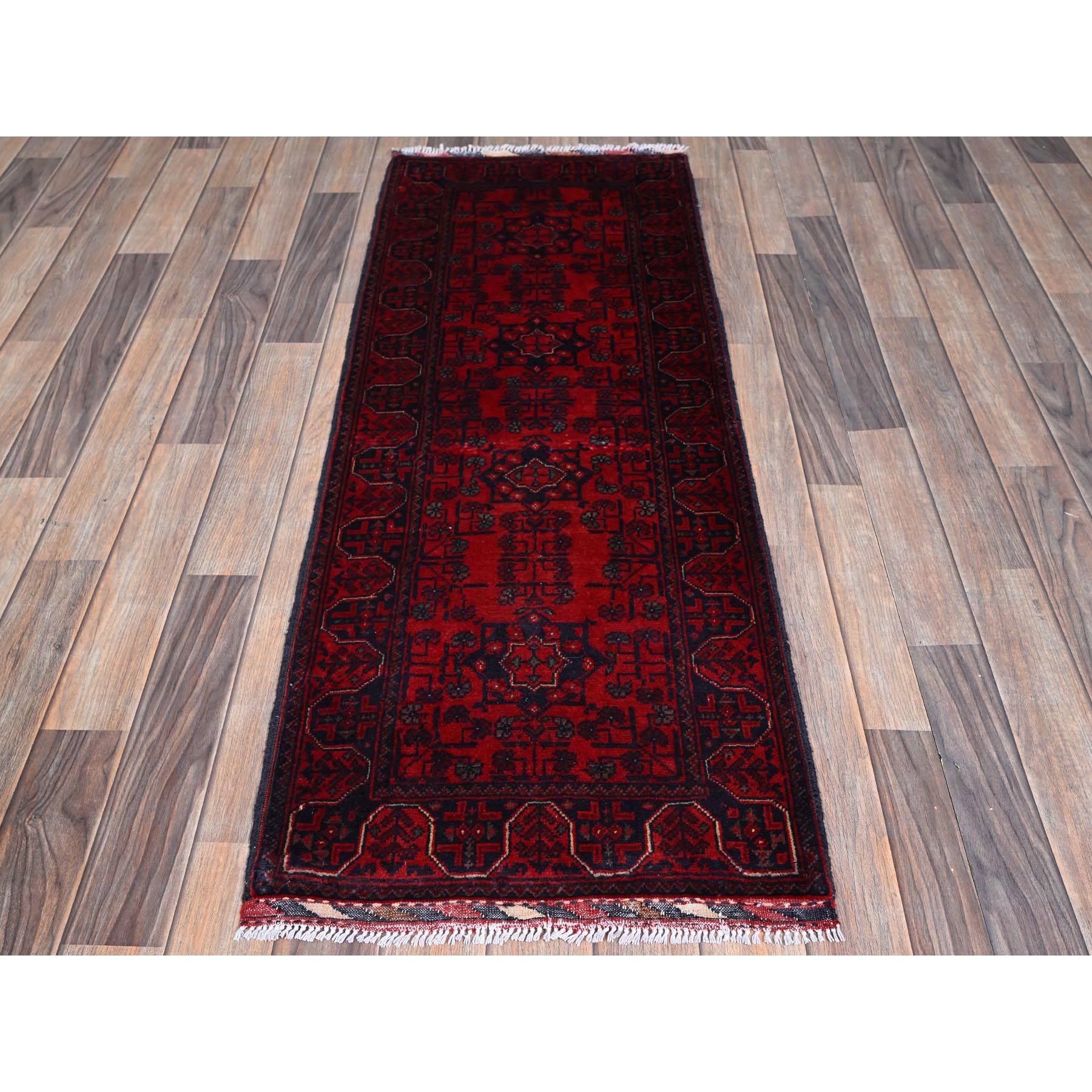 1'10"x5'1" Ruby Red, Afghan Khamyab with Tribal Medallions Design, Natural Wool, Hand Knotted, Vegetable Dyes, Short and Narrow Runner, Oriental Rug Sh742