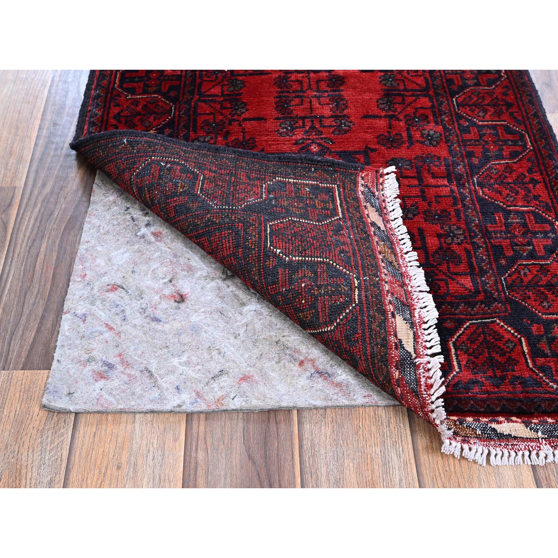 1'10"x5'1" Ruby Red, Afghan Khamyab with Tribal Medallions Design, Natural Wool, Hand Knotted, Vegetable Dyes, Short and Narrow Runner, Oriental Rug Sh742