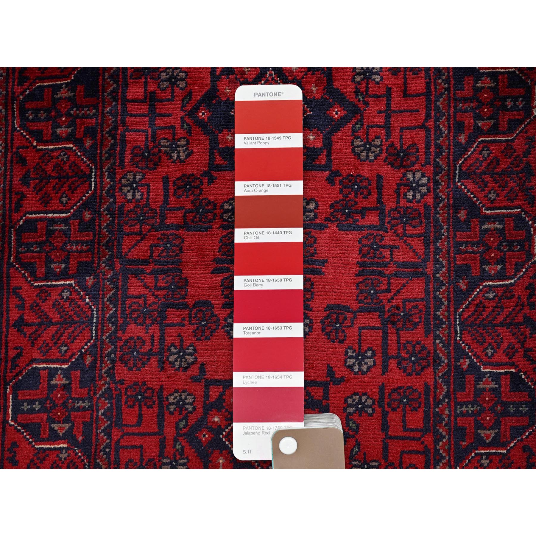 1'10"x5'1" Ruby Red, Afghan Khamyab with Tribal Medallions Design, Natural Wool, Hand Knotted, Vegetable Dyes, Short and Narrow Runner, Oriental Rug Sh742