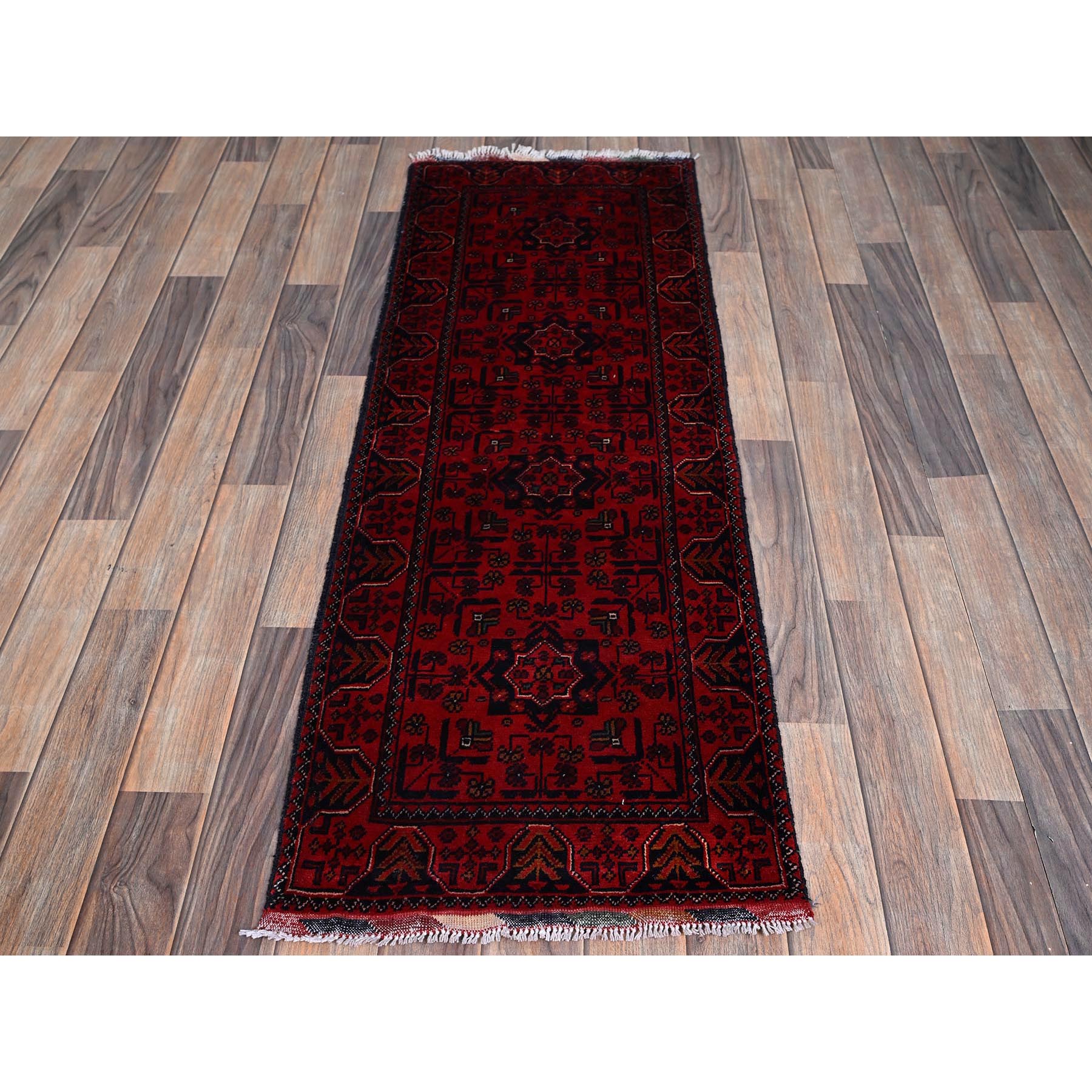 1'9"x5' Berry Red, Afghan Khamyab with Geometric Pattern, Hand Knotted, Soft and Velvety Wool, Vegetable Dyes, Short & Narrow Runner, Oriental Rug Sh743