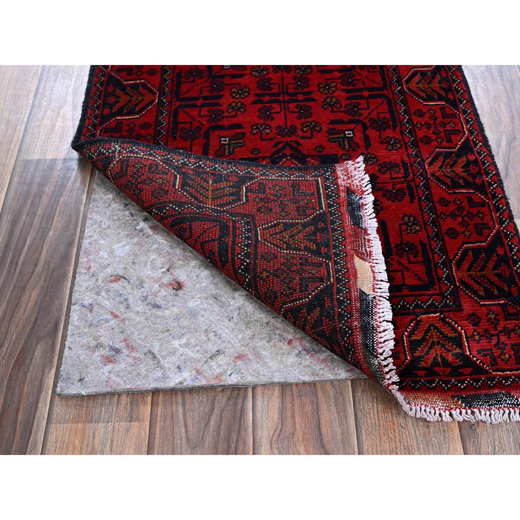 1'9"x5' Berry Red, Afghan Khamyab with Geometric Pattern, Hand Knotted, Soft and Velvety Wool, Vegetable Dyes, Short & Narrow Runner, Oriental Rug Sh743
