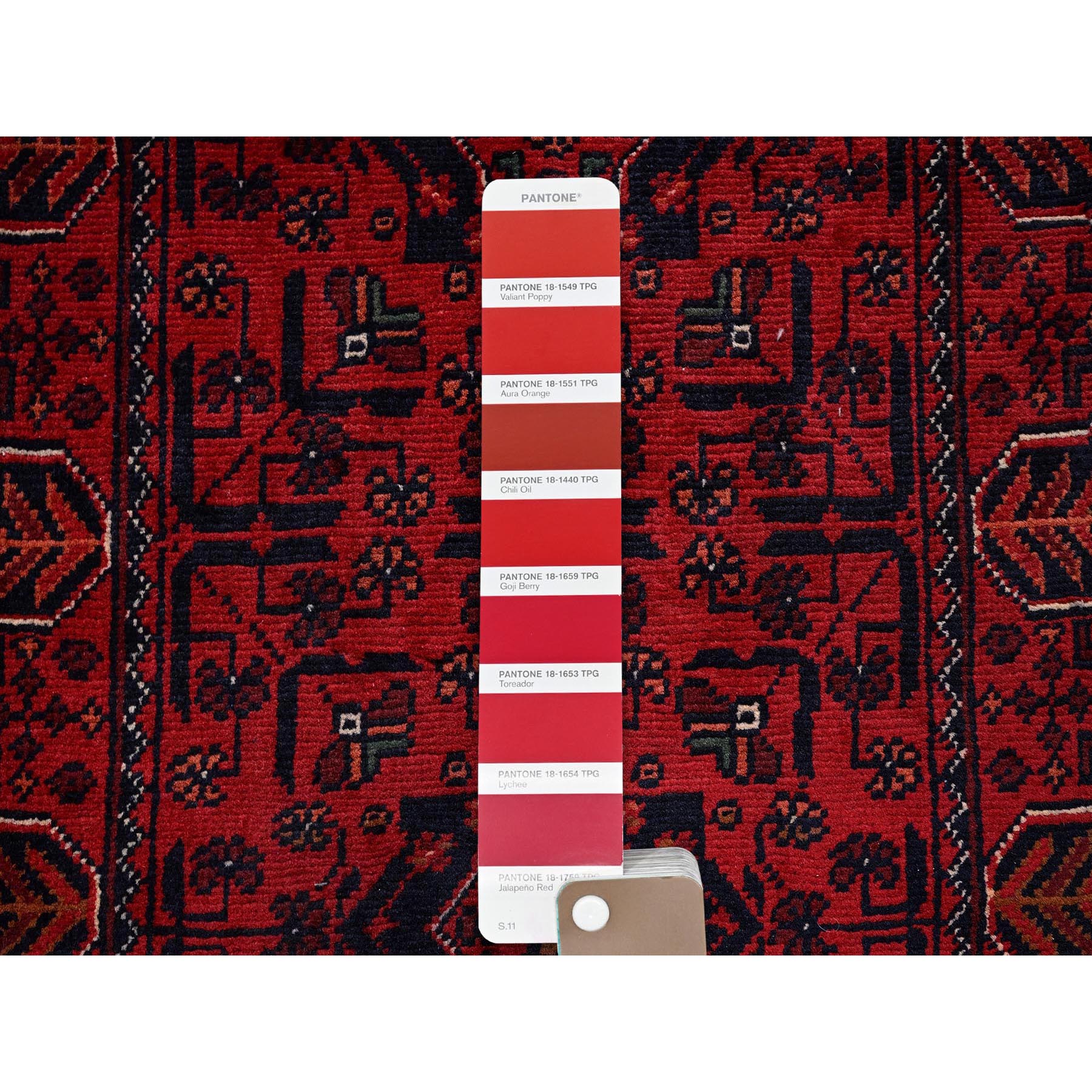 1'9"x5' Berry Red, Afghan Khamyab with Geometric Pattern, Hand Knotted, Soft and Velvety Wool, Vegetable Dyes, Short & Narrow Runner, Oriental Rug Sh743