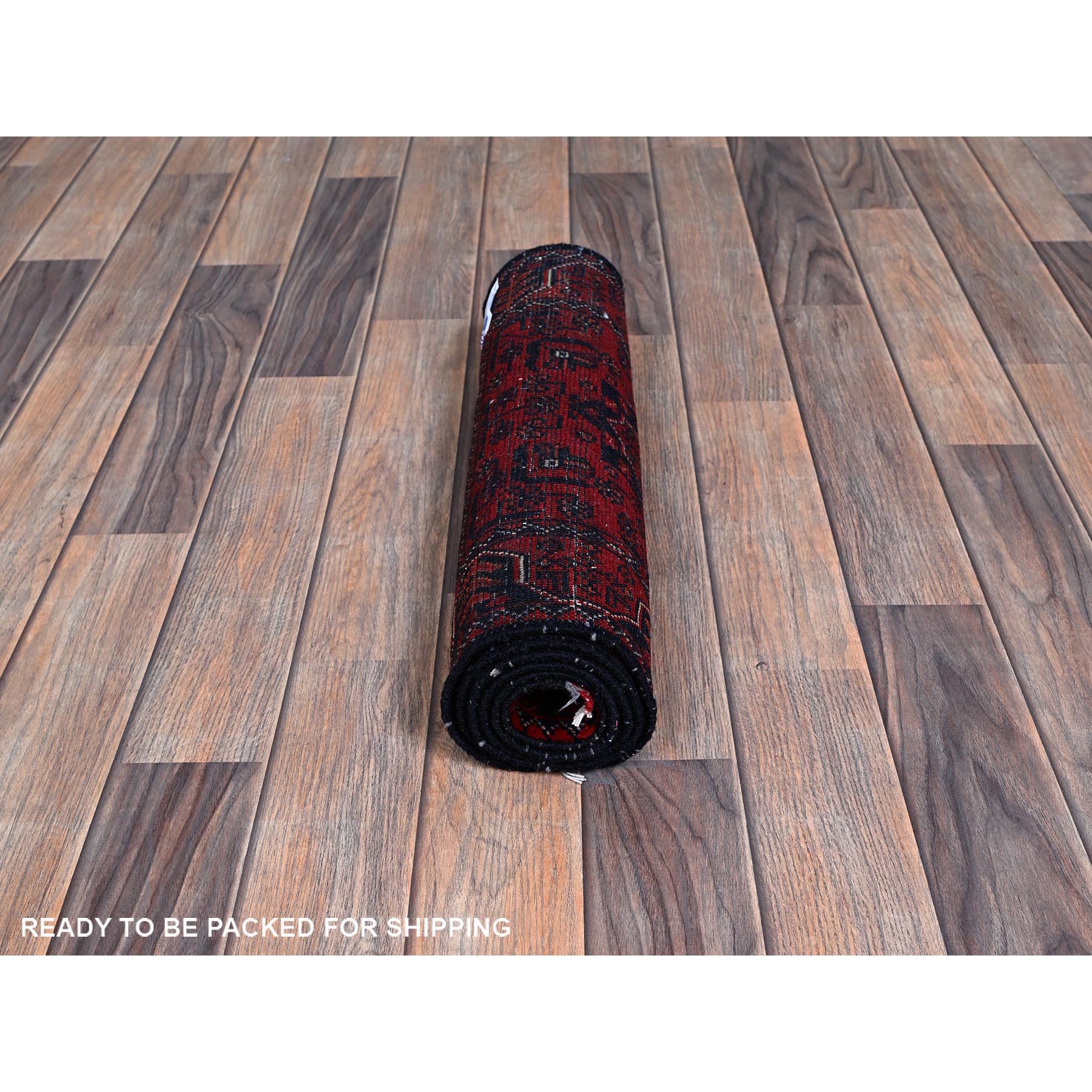 1'9"x5' Berry Red, Afghan Khamyab with Geometric Pattern, Hand Knotted, Soft and Velvety Wool, Vegetable Dyes, Short & Narrow Runner, Oriental Rug Sh743