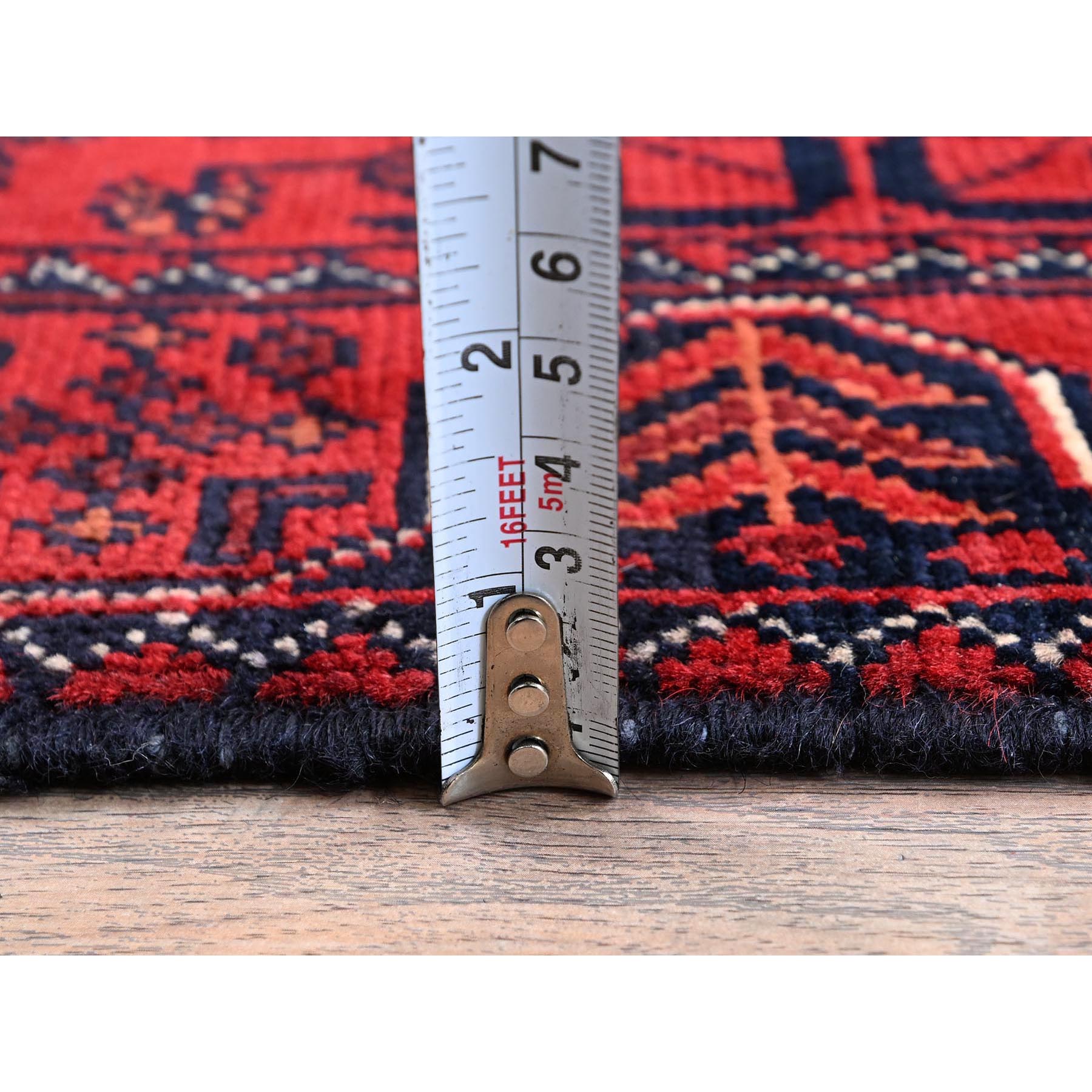 1'9"x5' Berry Red, Afghan Khamyab with Geometric Pattern, Hand Knotted, Soft and Velvety Wool, Vegetable Dyes, Short & Narrow Runner, Oriental Rug Sh743