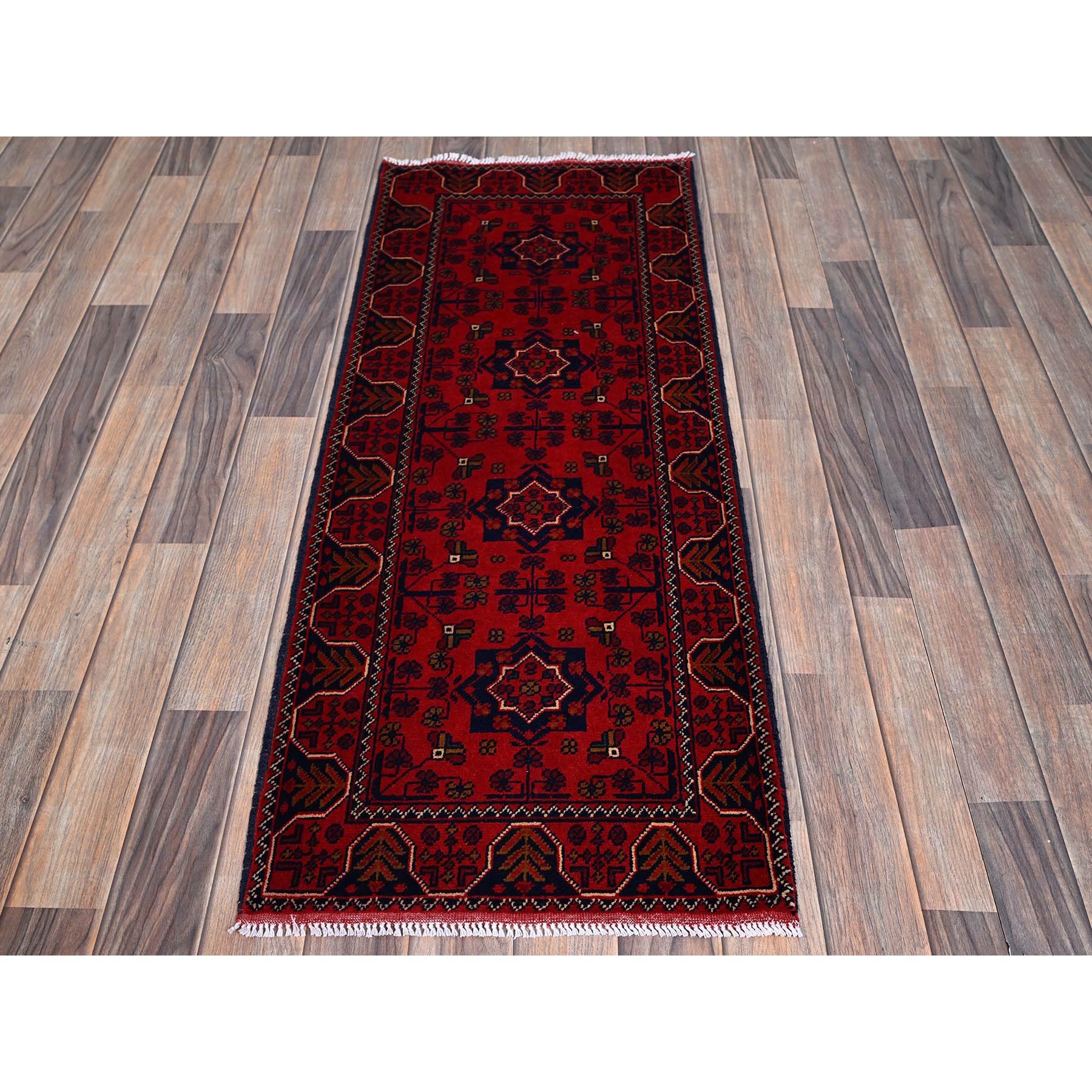 1'9"x4'8" Berry Red, Afghan Khamyab with Geometric Pattern, Soft and Shiny Wool, Hand Knotted, Vegetable Dyes, Short & Narrow Runner, Oriental Rug Sh744