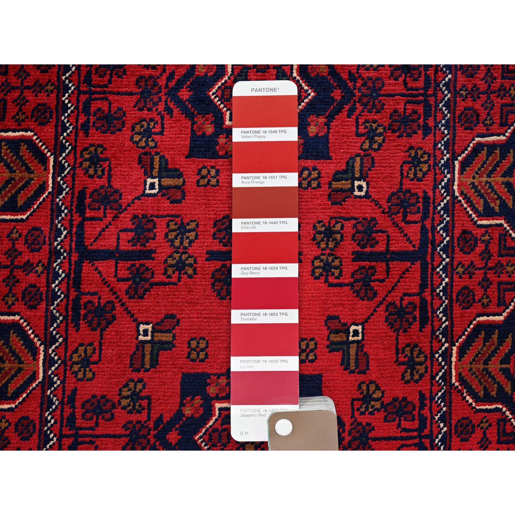 1'9"x4'8" Berry Red, Afghan Khamyab with Geometric Pattern, Soft and Shiny Wool, Hand Knotted, Vegetable Dyes, Short & Narrow Runner, Oriental Rug Sh744