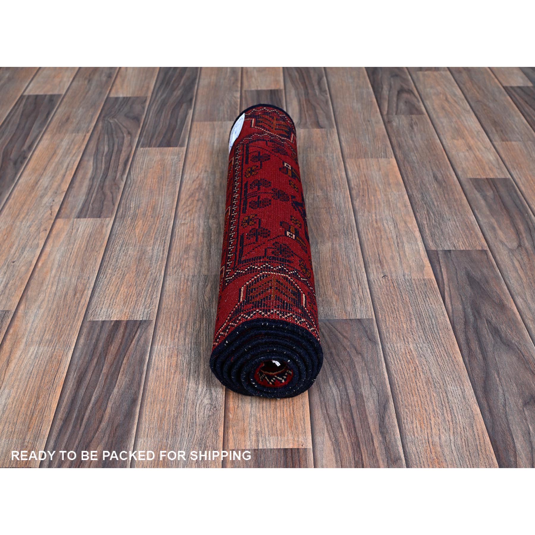 1'9"x4'8" Berry Red, Afghan Khamyab with Geometric Pattern, Soft and Shiny Wool, Hand Knotted, Vegetable Dyes, Short & Narrow Runner, Oriental Rug Sh744