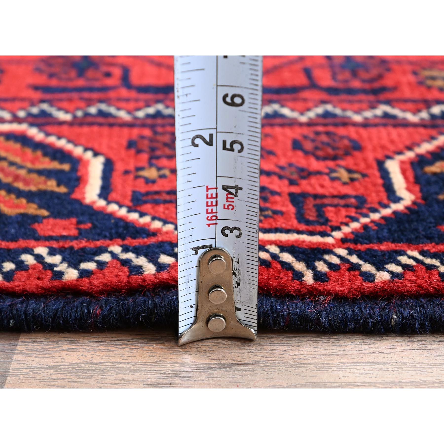 1'9"x4'8" Berry Red, Afghan Khamyab with Geometric Pattern, Soft and Shiny Wool, Hand Knotted, Vegetable Dyes, Short & Narrow Runner, Oriental Rug Sh744
